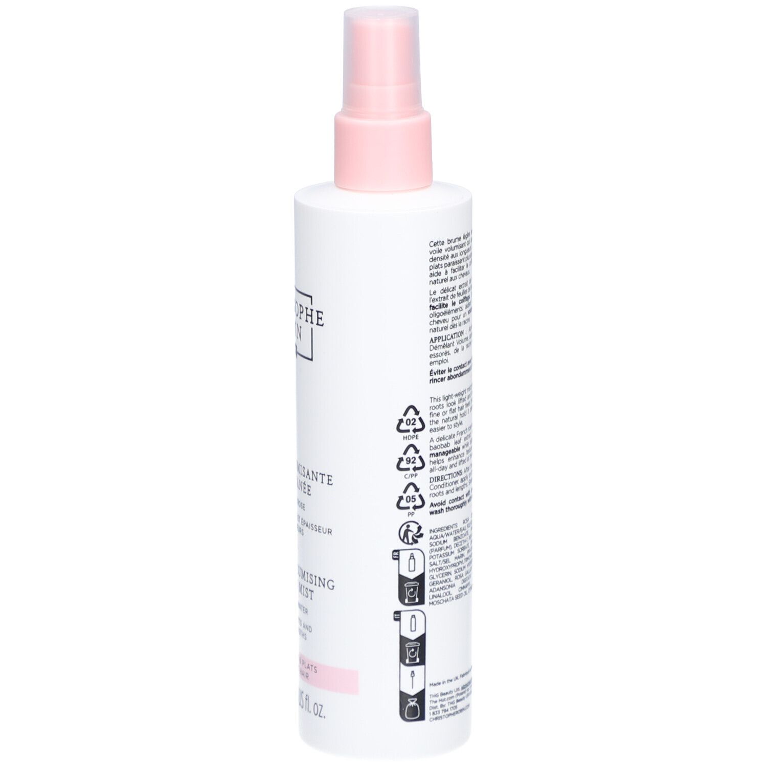 Weiße Sprühflasche mit rosa Sprühkopf und Aufdruck.
