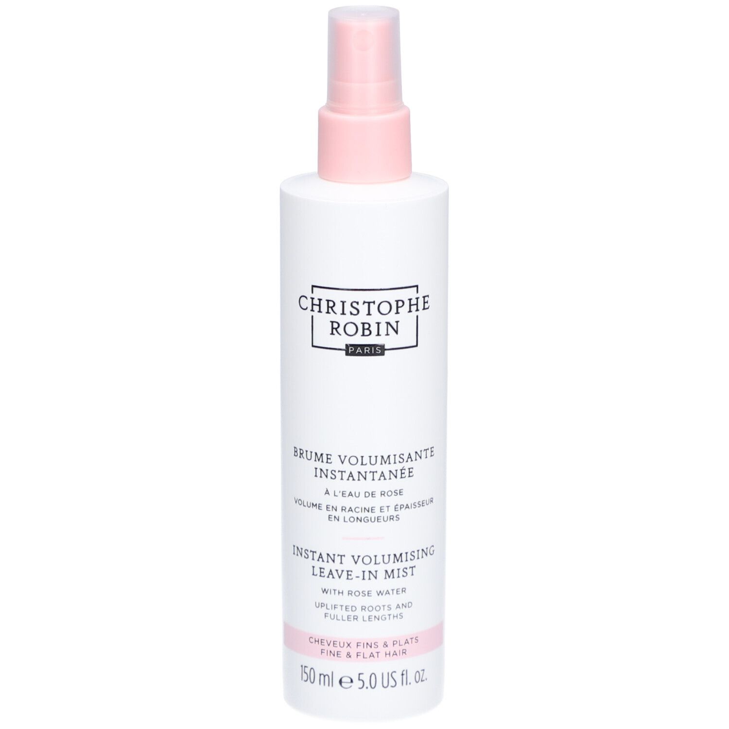 Weiße Sprühflasche mit rosa Verschluss, 150 ml, Christophe Robin Instant Volumising Leave-In Mist.