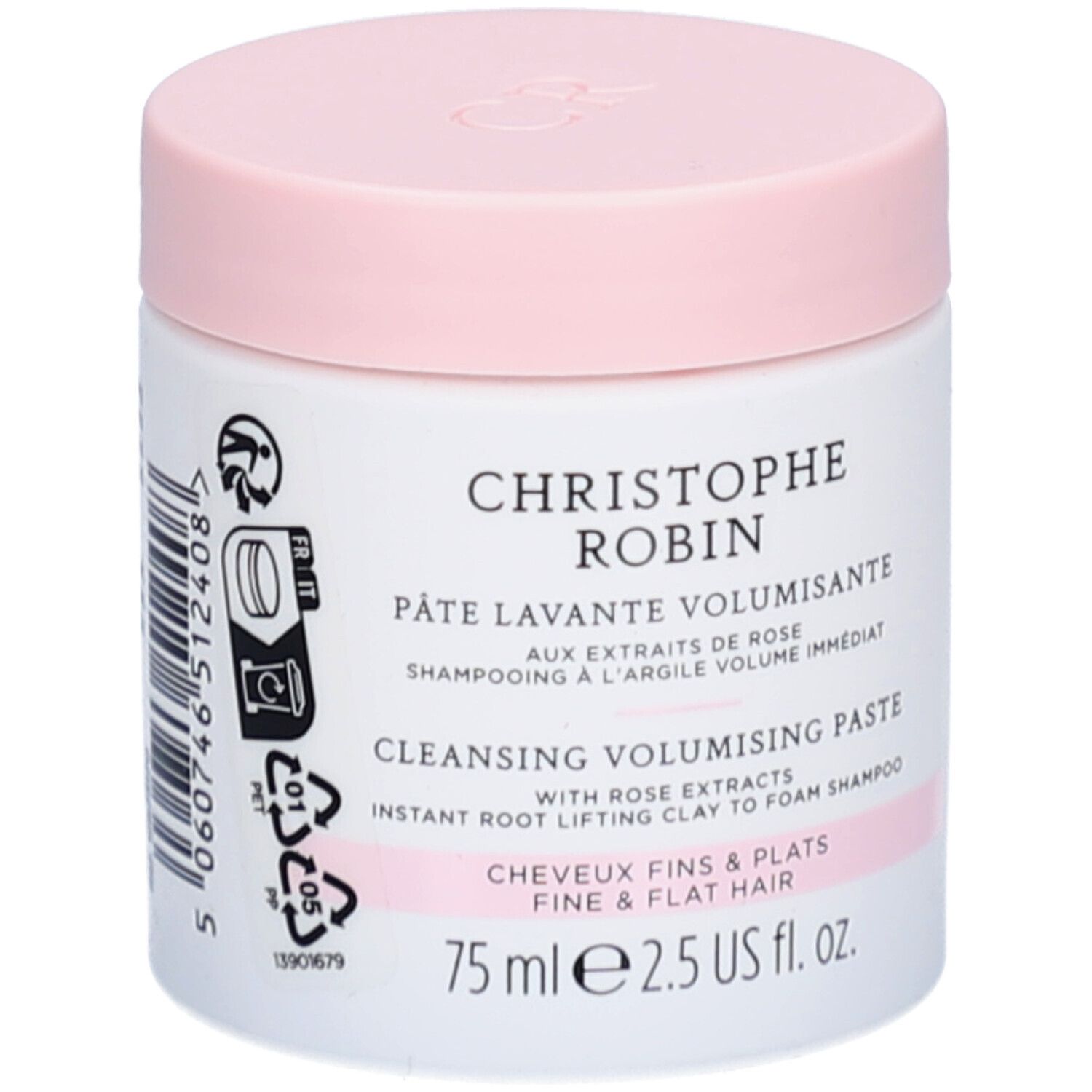 Weißer Tiegel mit rosa Deckel. Aufschrift: Christophe Robin, Pâte Lavante Volumisant, Cleansing Volumising Paste. 75 ml.