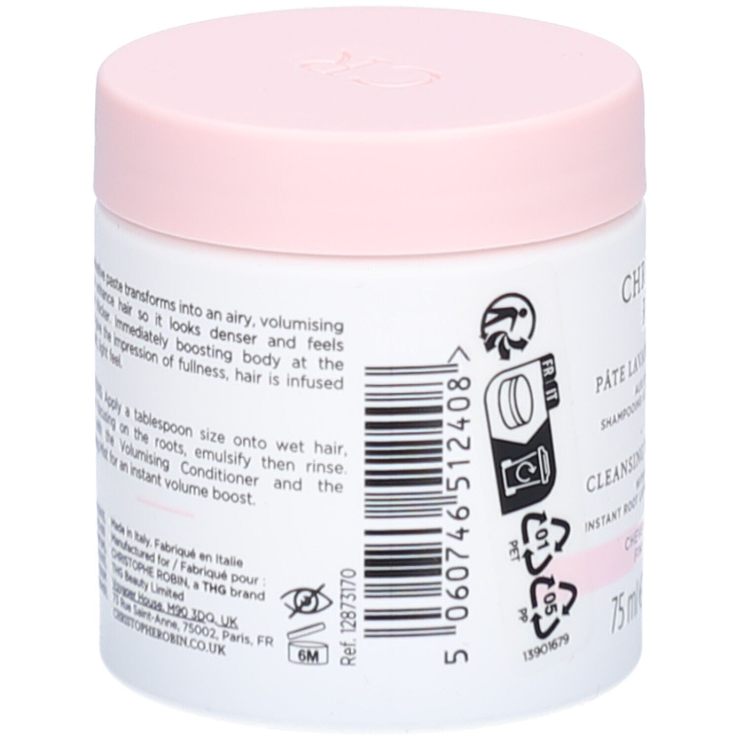 Weißer Tiegel mit rosa Deckel. Text auf der Seite. Informationen zur Anwendung und Inhaltsstoffen.