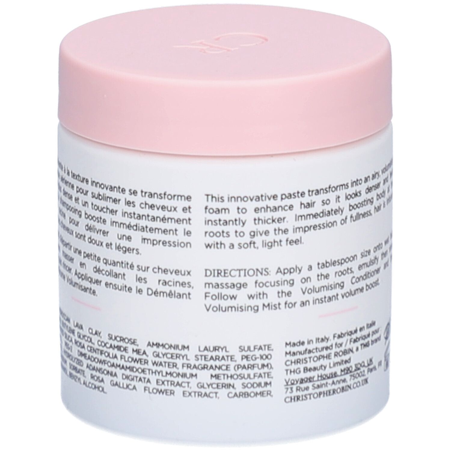 Weißer Tiegel mit rosa Deckel. Text auf der Seite. Informationen zur Anwendung und Inhaltsstoffen.