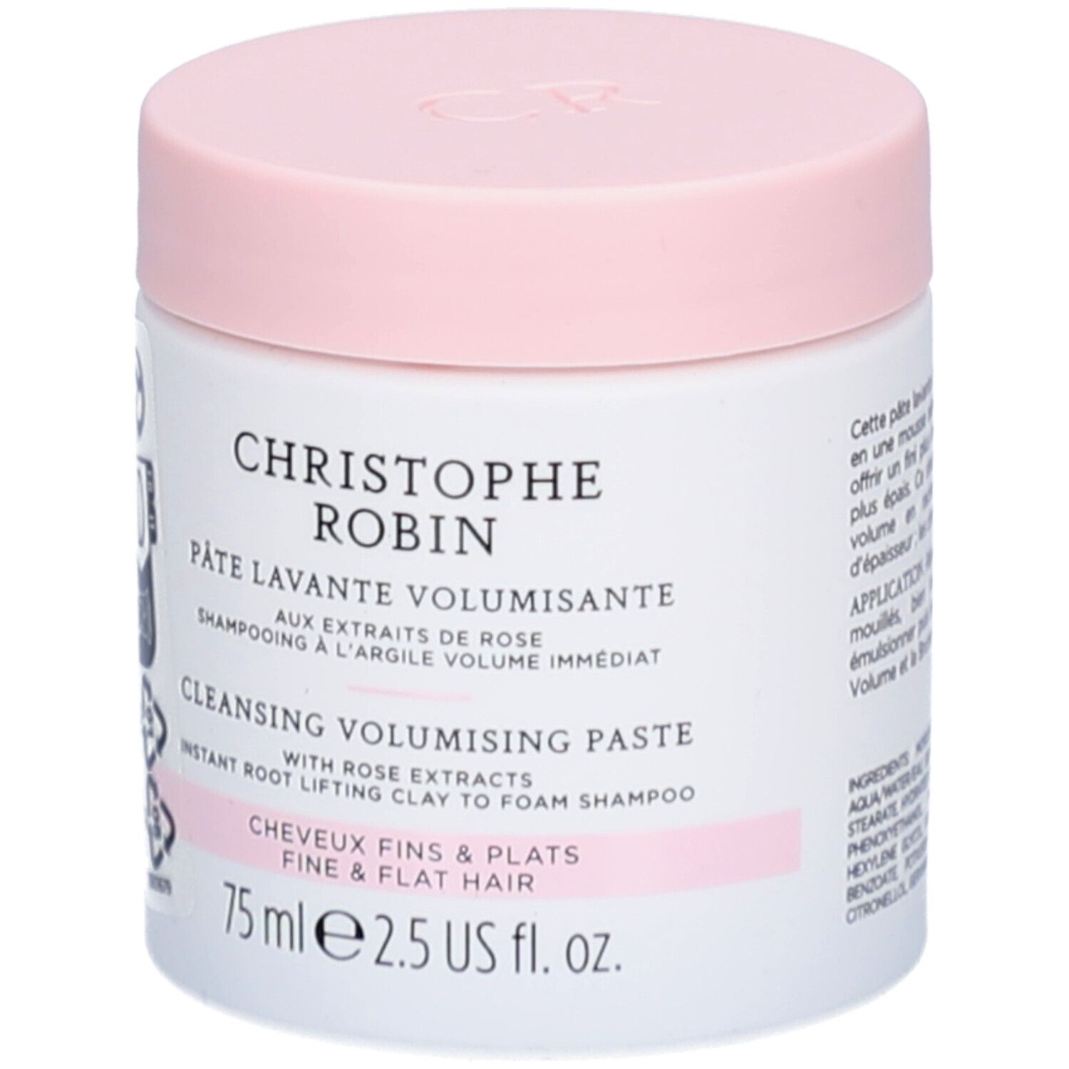 Weißer Tiegel mit rosa Deckel. Aufschrift: Christophe Robin, Pâte Lavante Volumisant, Cleansing Volumising Paste. 75 ml.