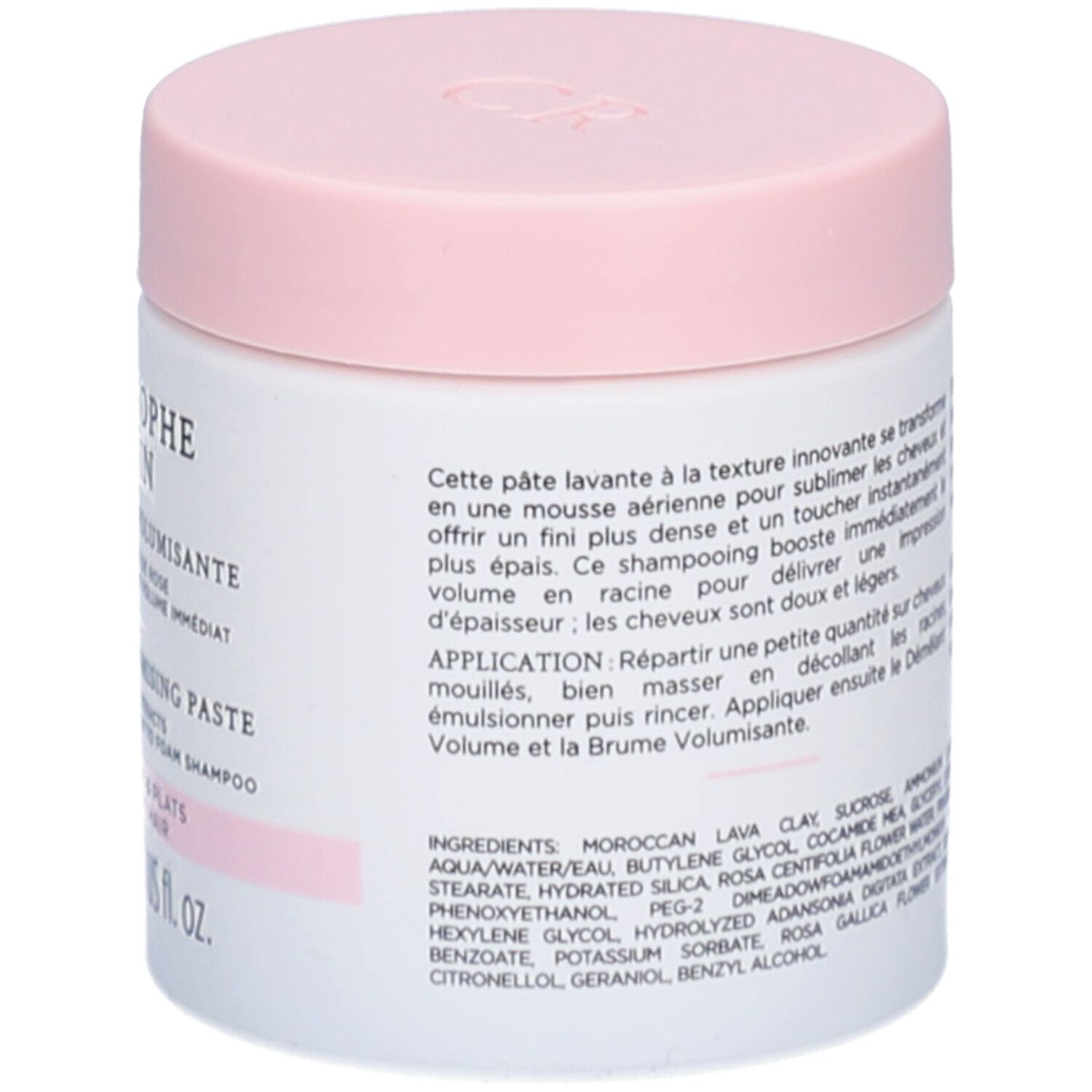 Weißer Tiegel mit rosa Deckel. Text auf der Seite. Informationen zur Anwendung und Inhaltsstoffen.