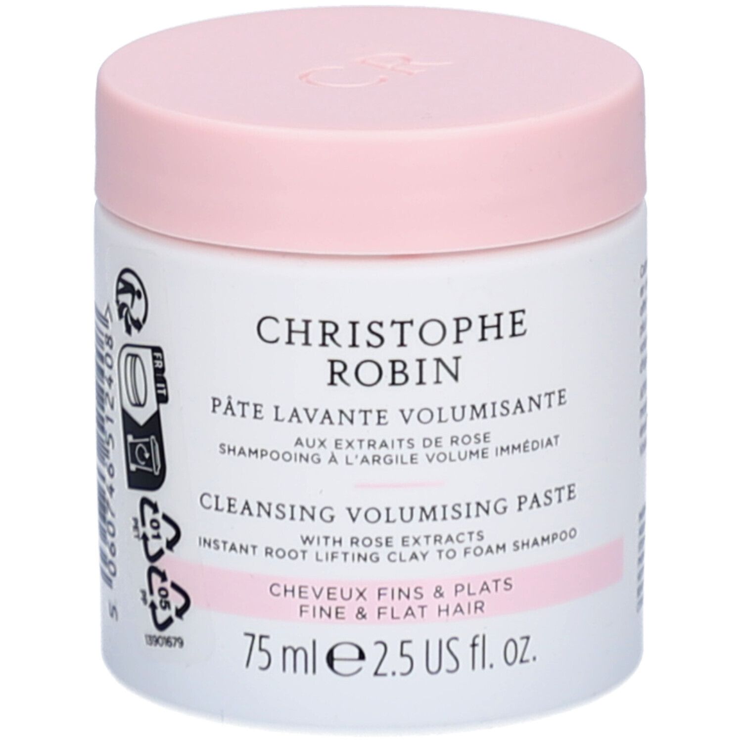 Weißer Tiegel mit rosa Deckel. Aufschrift: Christophe Robin, Pâte Lavante Volumisant, Cleansing Volumising Paste. 75 ml.