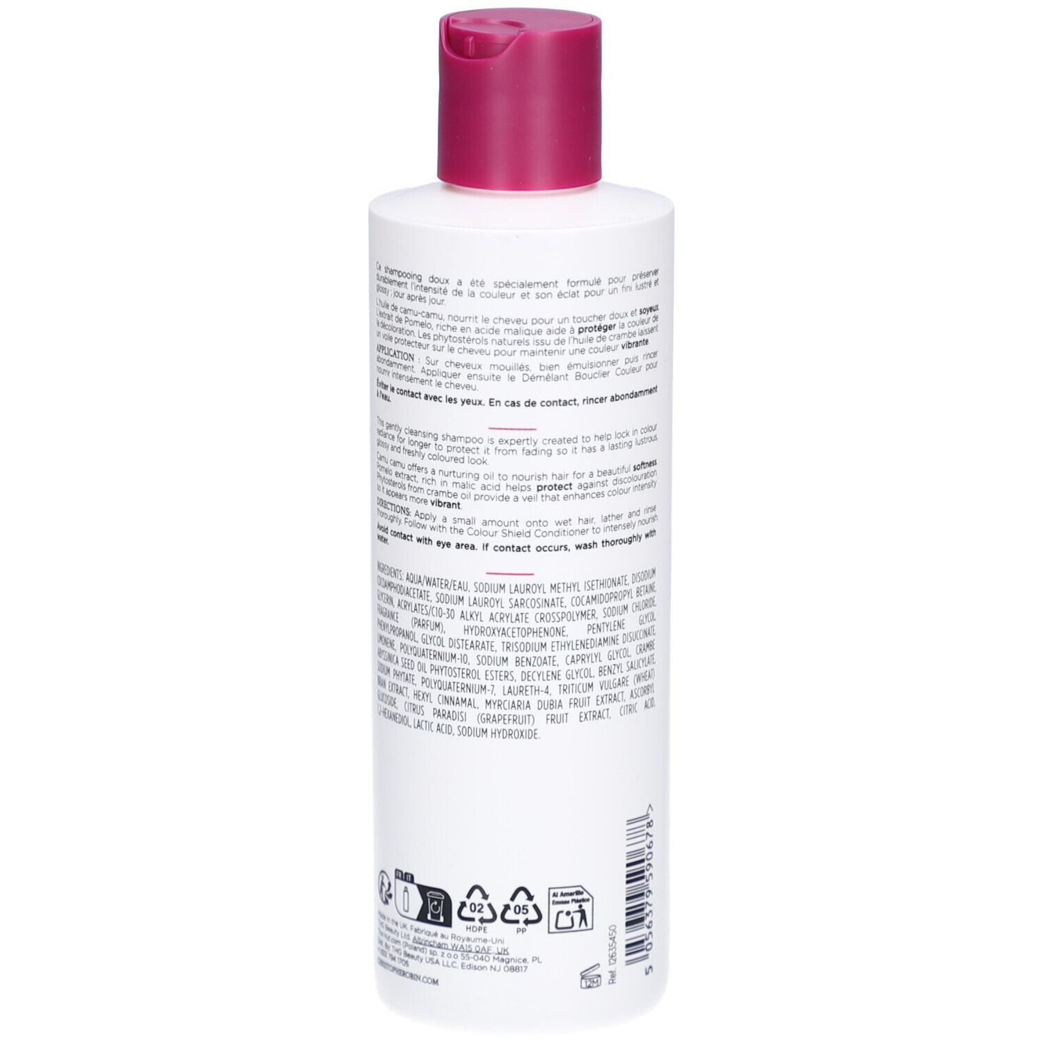 Weiße Flasche mit pinkfarbenem Klappdeckel, Rückseite mit Text und Symbolen.