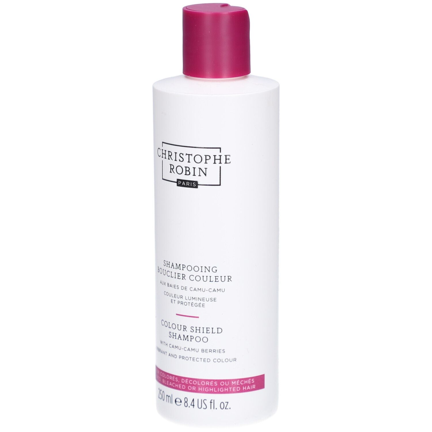 Weiße Flasche Christophe Robin Colour Shield Shampoo mit pinkem Verschluss. 250ml.