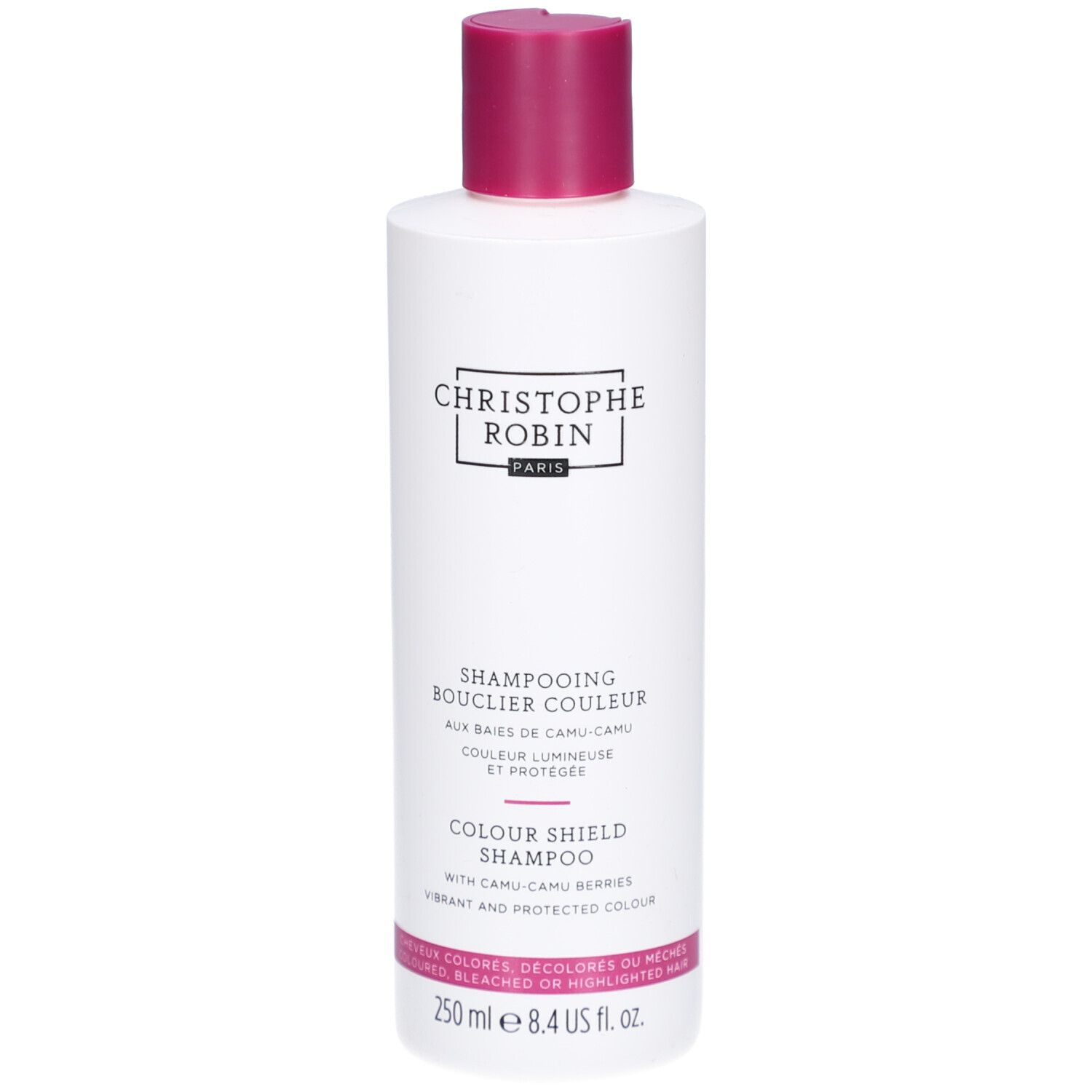 Weiße Flasche Christophe Robin Colour Shield Shampoo mit pinkem Verschluss. 250 ml.