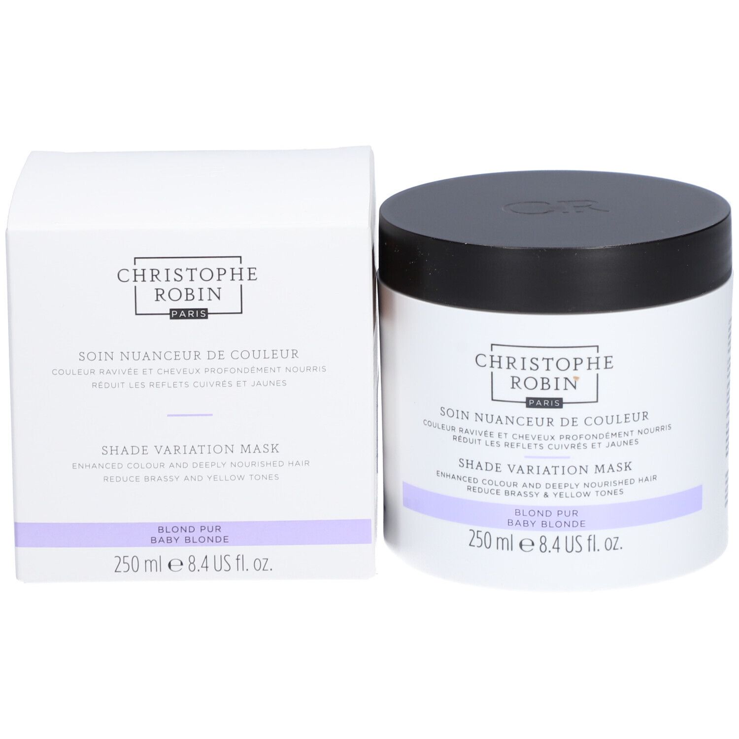 Produktpackung mit Dose und Karton. Dose: rund, schwarz-weiß. Karton: weiß, rechteckig. Aufschrift: Christophe Robin Paris, Soin Nuanceur de Couleur.