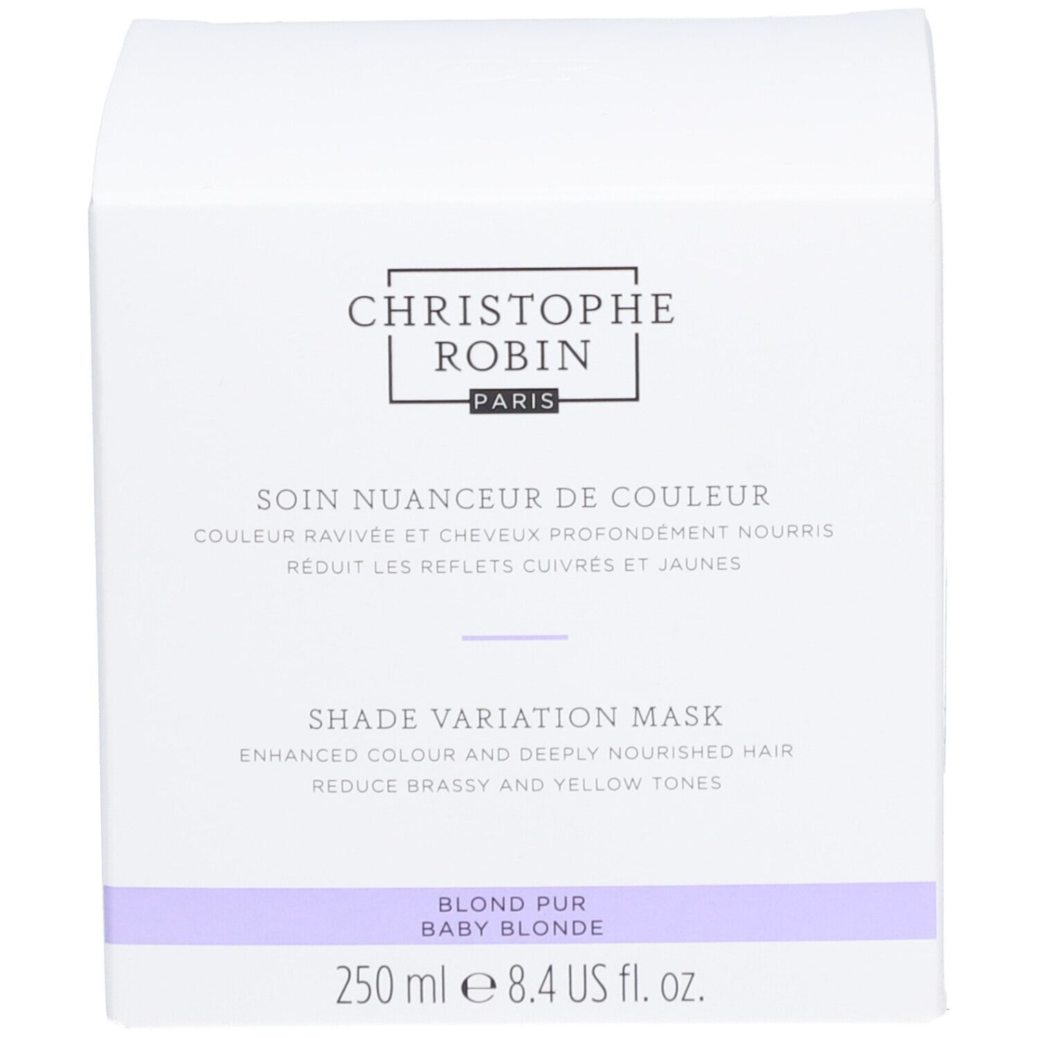 Weiße rechteckige Verpackung. Aufschrift: Christophe Robin Paris, Soin Nuanceur de Couleur, Shade Variation Mask, Blond Pur Baby Blonde.