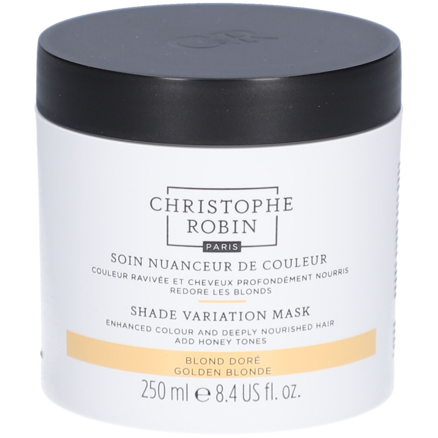 Weißer Tiegel mit schwarzem Deckel. Text: Christophe Robin, Soin Nuanceur de Couleur, Blond Doré. 250 ml.
