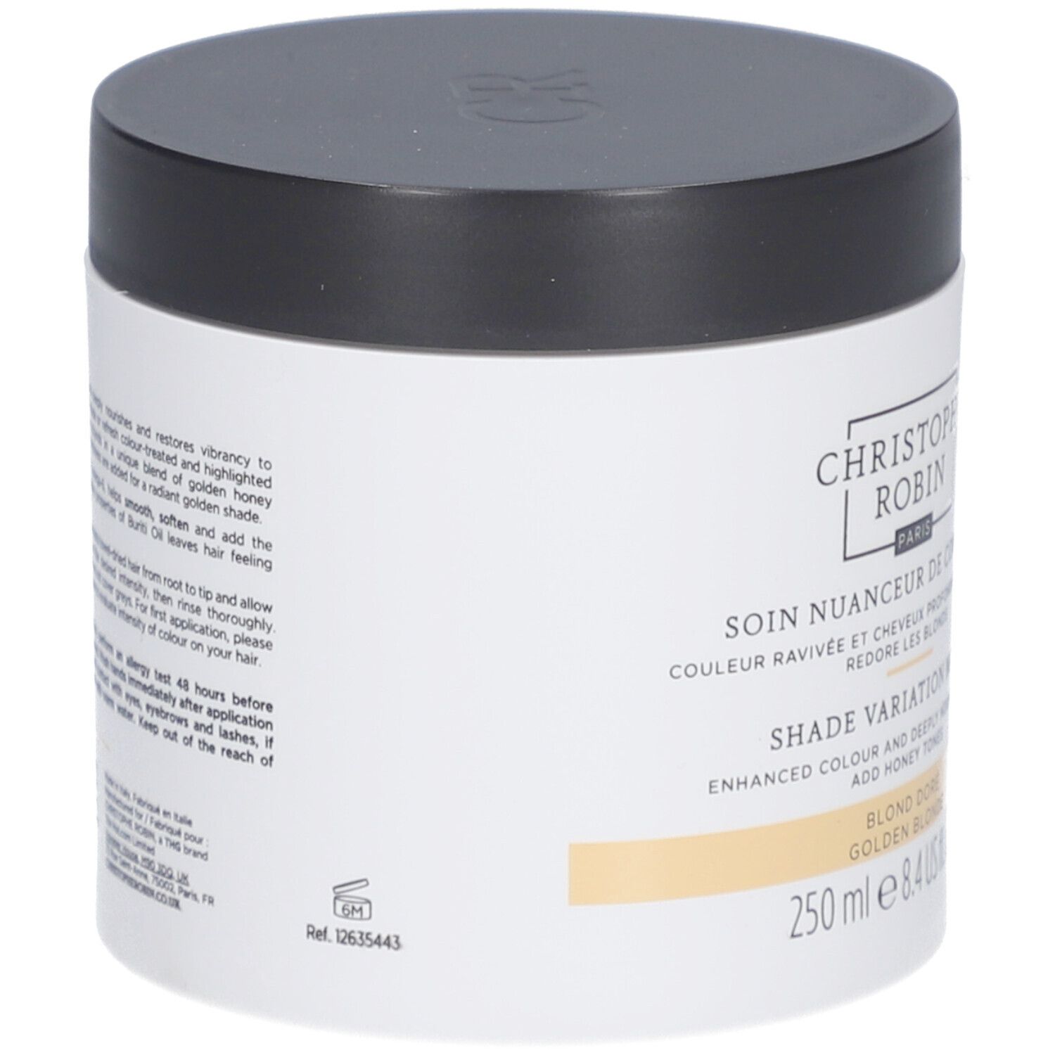 Weißer Tiegel mit schwarzem Deckel. Text: Christophe Robin, Soin Nuanceur de Couleur, Blond Doré. 250 ml.