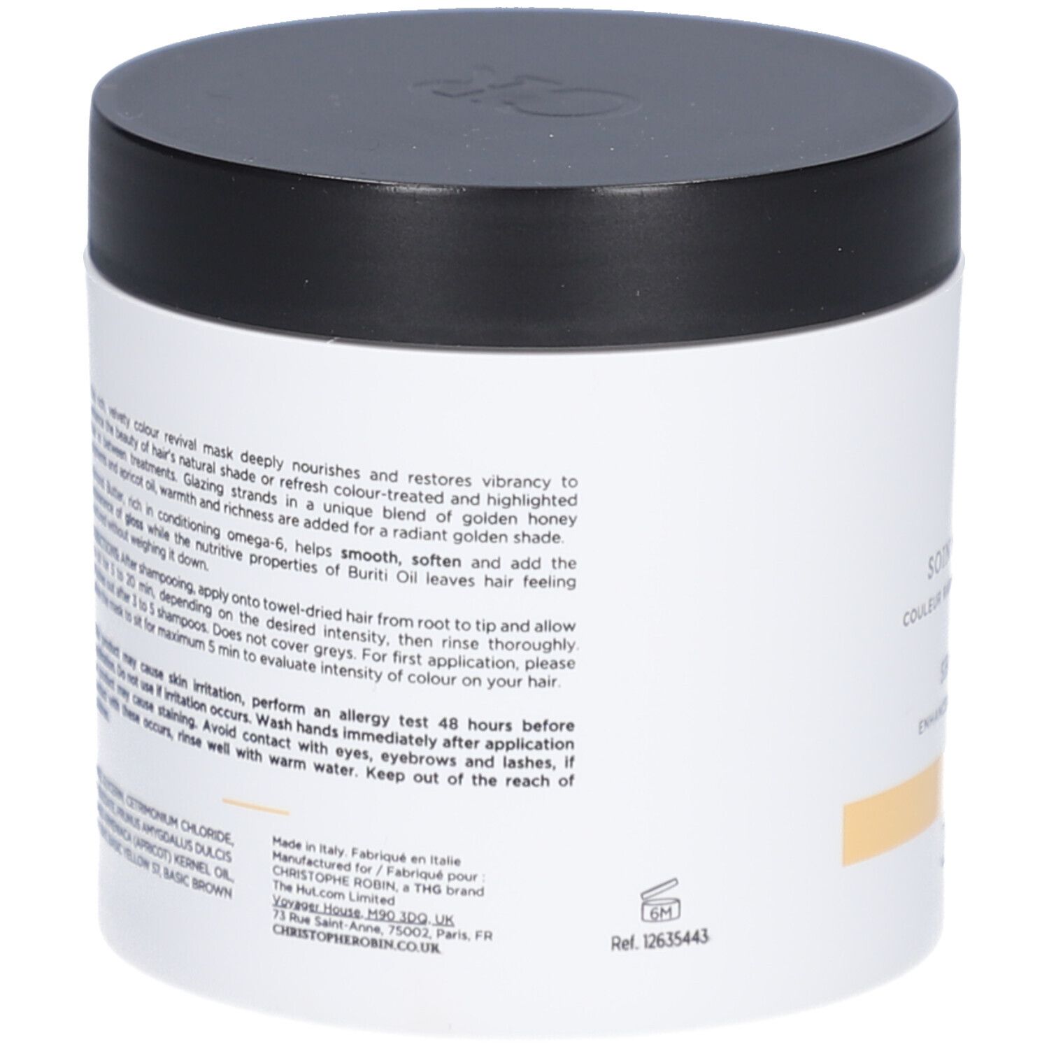 Weißer Tiegel mit schwarzem Deckel. Text: Christophe Robin, Soin Nuanceur de Couleur, Blond Doré. 250 ml.
