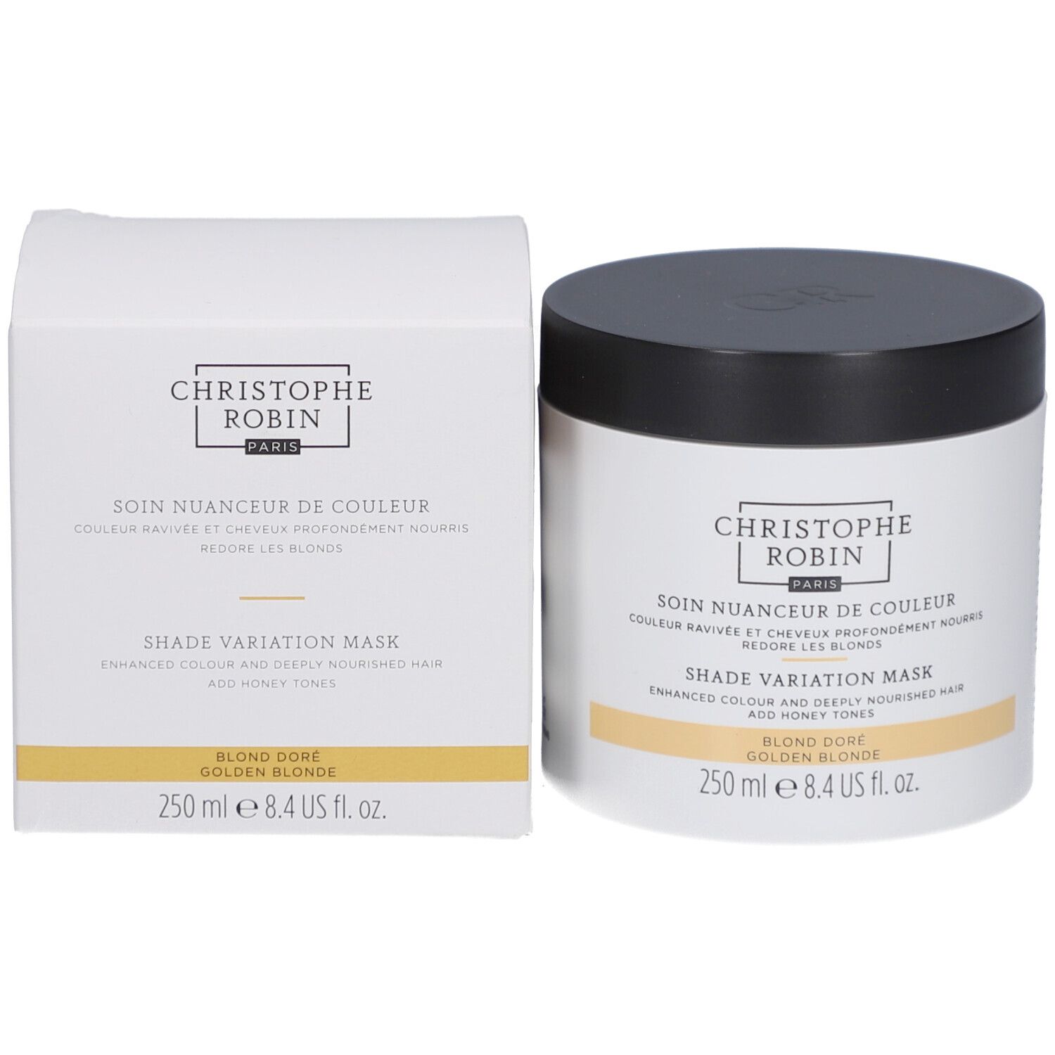 Produkt und Verpackung. Weißer Tiegel mit schwarzem Deckel und Karton. Text: Christophe Robin, Blond Doré.
