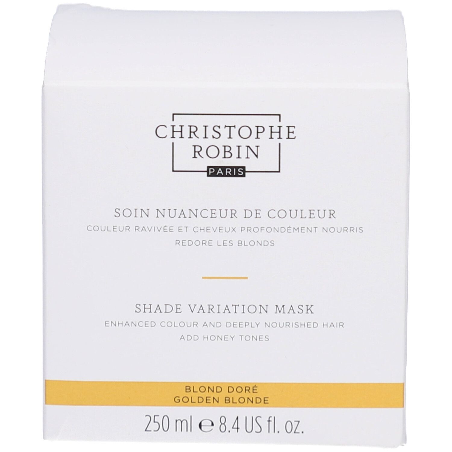 Weiße Verpackung. Text: Christophe Robin, Soin Nuanceur de Couleur, Blond Doré. 250 ml.