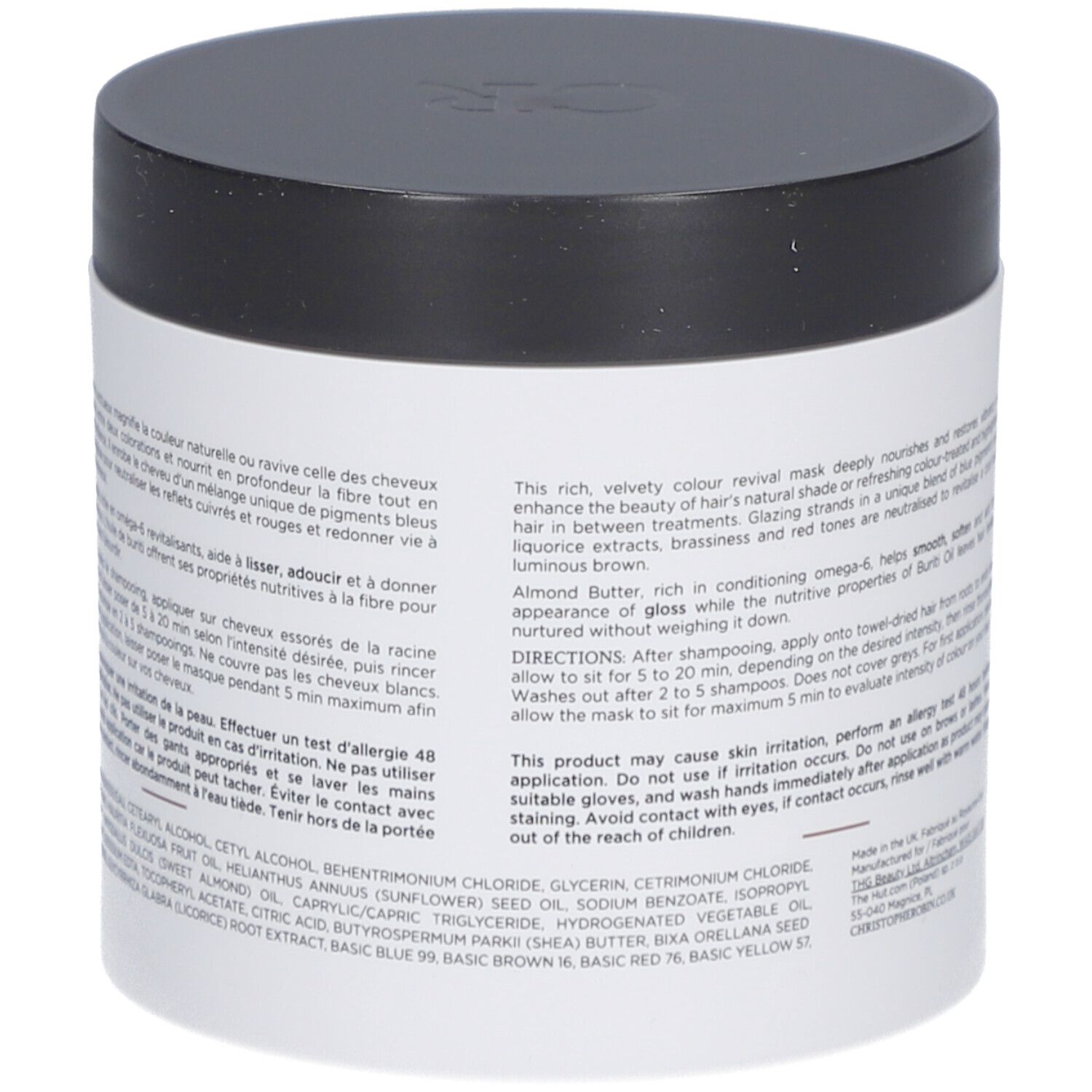 Zylinderförmige Dose mit schwarzem Deckel. Aufschrift: Christophe Robin, Shade Variation Mask. Brauner Streifen.