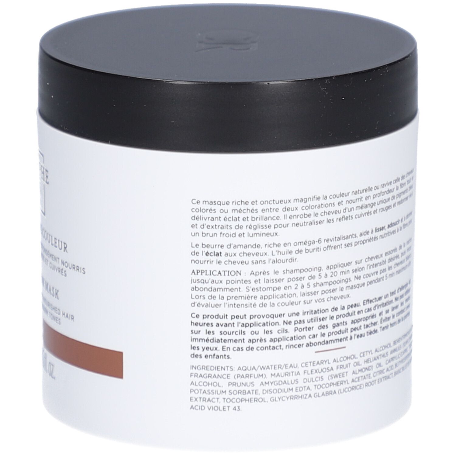 Zylinderförmige Dose mit schwarzem Deckel. Aufschrift: Christophe Robin, Shade Variation Mask. Brauner Streifen.