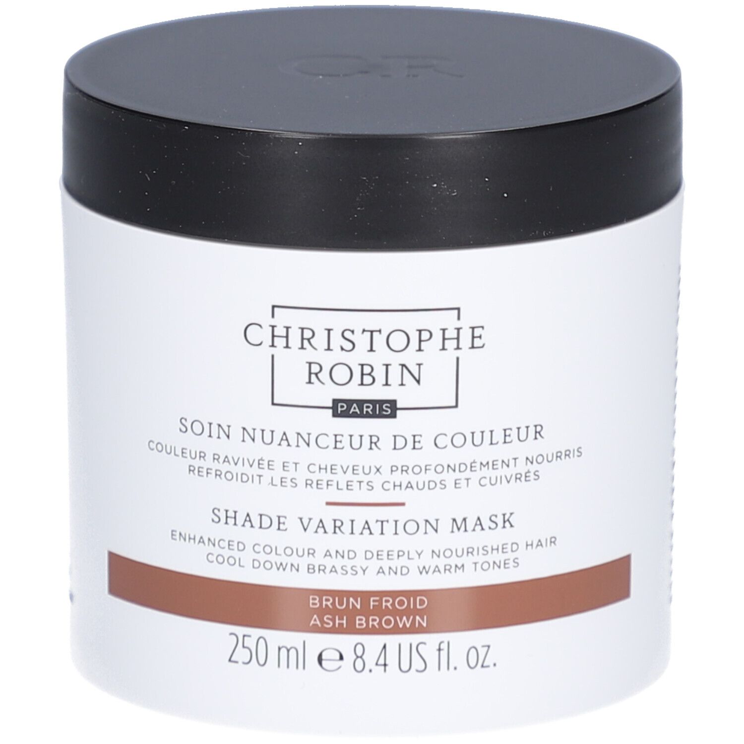Weißer Tiegel mit schwarzem Deckel. Aufschrift: Christophe Robin, Shade Variation Mask. Brauner Streifen.