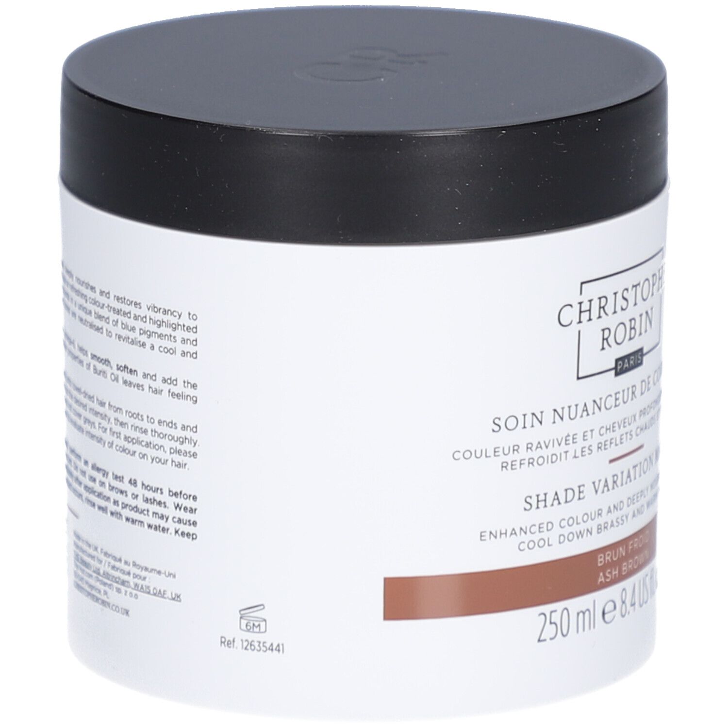 Zylinderförmige Dose mit schwarzem Deckel. Aufschrift: Christophe Robin, Shade Variation Mask. Brauner Streifen.