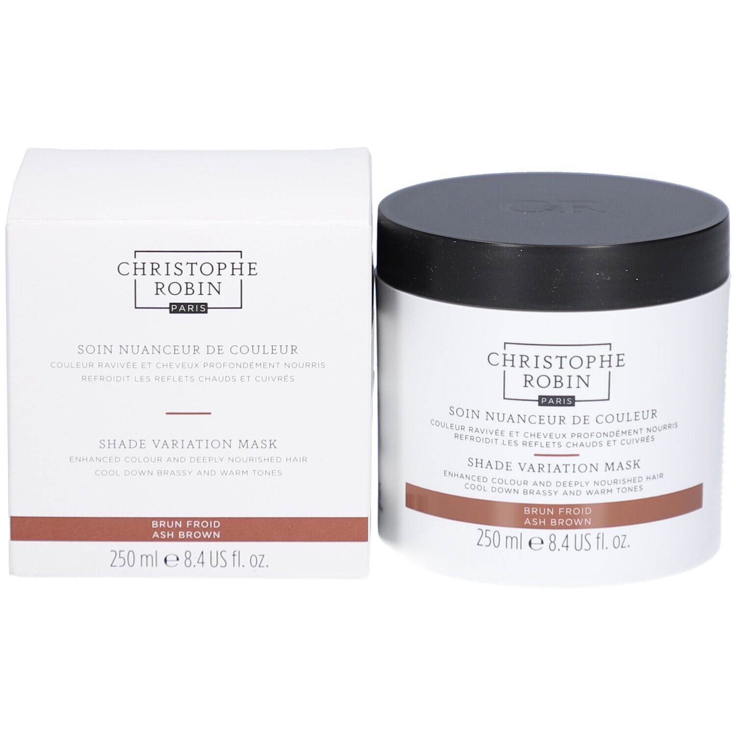 Produktverpackung und Dose. Aufschrift: Christophe Robin, Shade Variation Mask. Brauner Streifen. 250 ml.