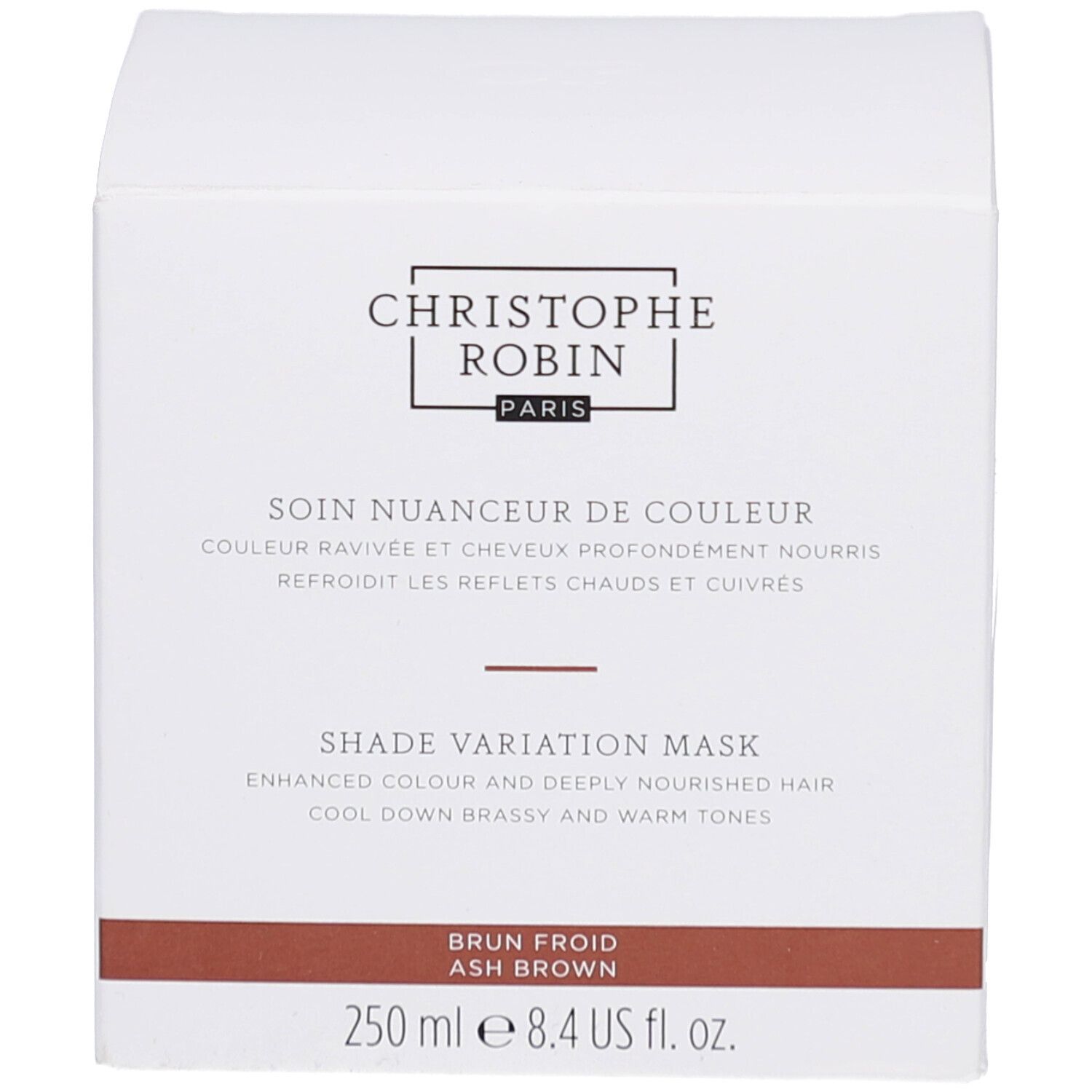 Produktverpackung. Aufschrift: Christophe Robin, Shade Variation Mask. Brauner Streifen. 250 ml.