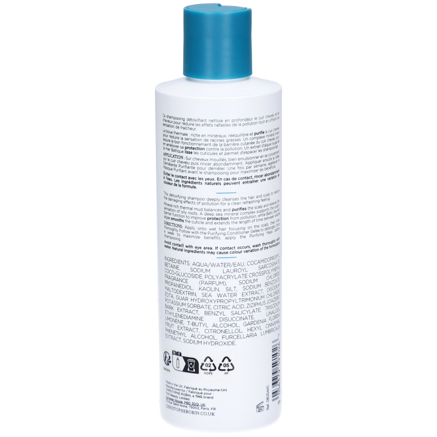 Weiße Flasche mit türkisfarbenem Verschluss, Rückseite mit Text und Inhaltsstoffen.