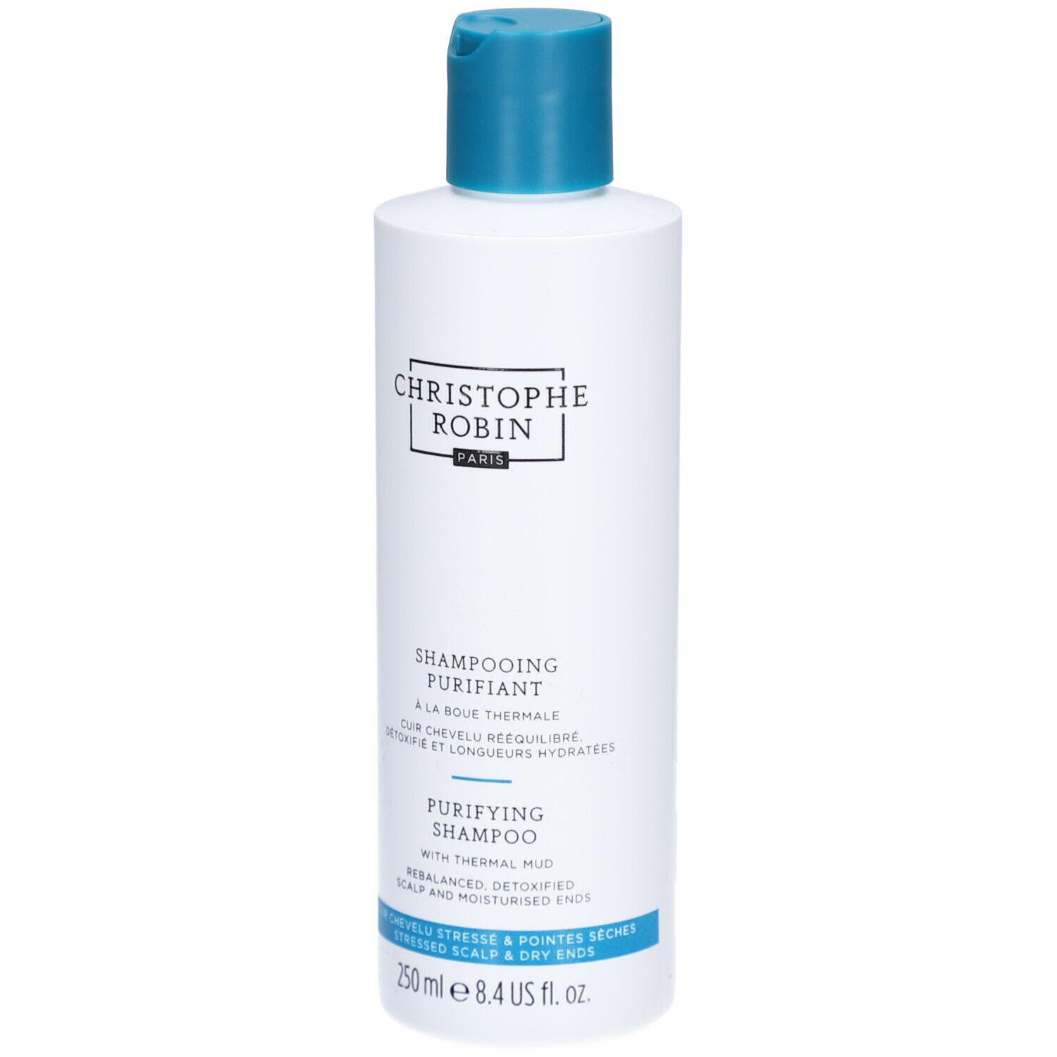 Weiße Flasche Christophe Robin Purifying Shampoo mit türkisfarbenem Klappdeckel. 250 ml.