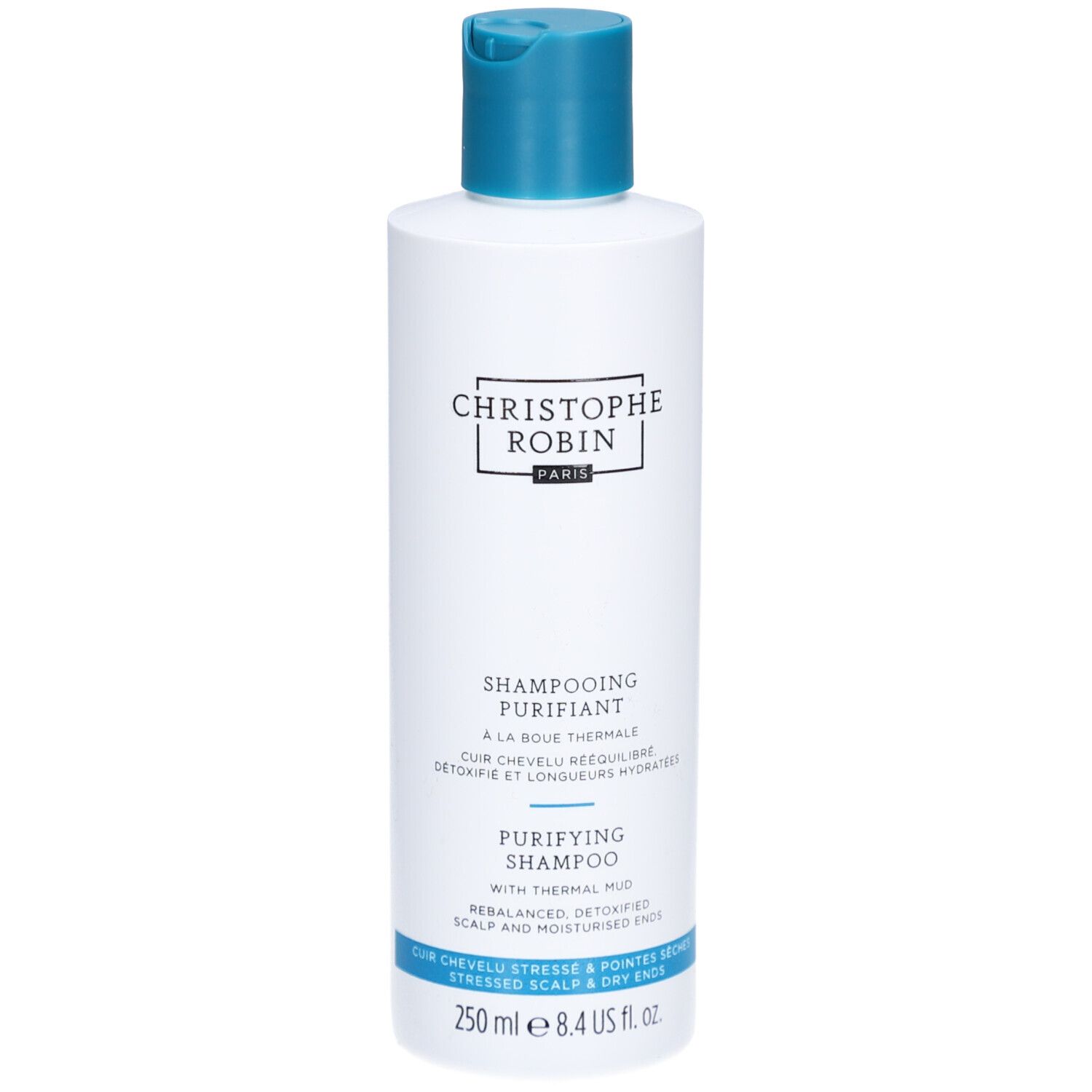 Weiße Flasche Christophe Robin Purifying Shampoo mit türkisfarbenem Klappdeckel. 250 ml.