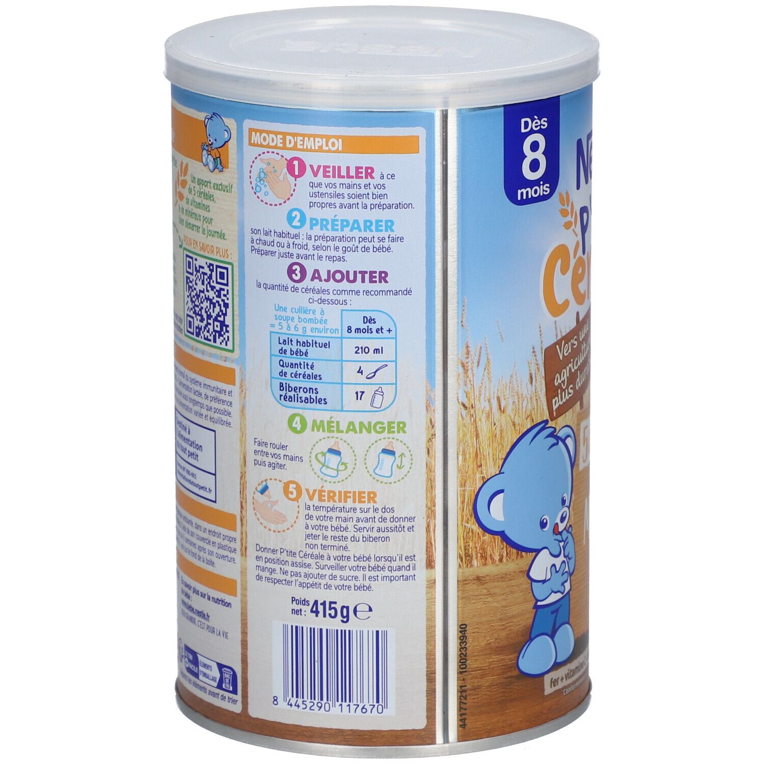Dos de la boîte Nestlé P'tite Céréale. Mode d'emploi, informations nutritionnelles et QR code. 415g. Dès 8 mois.