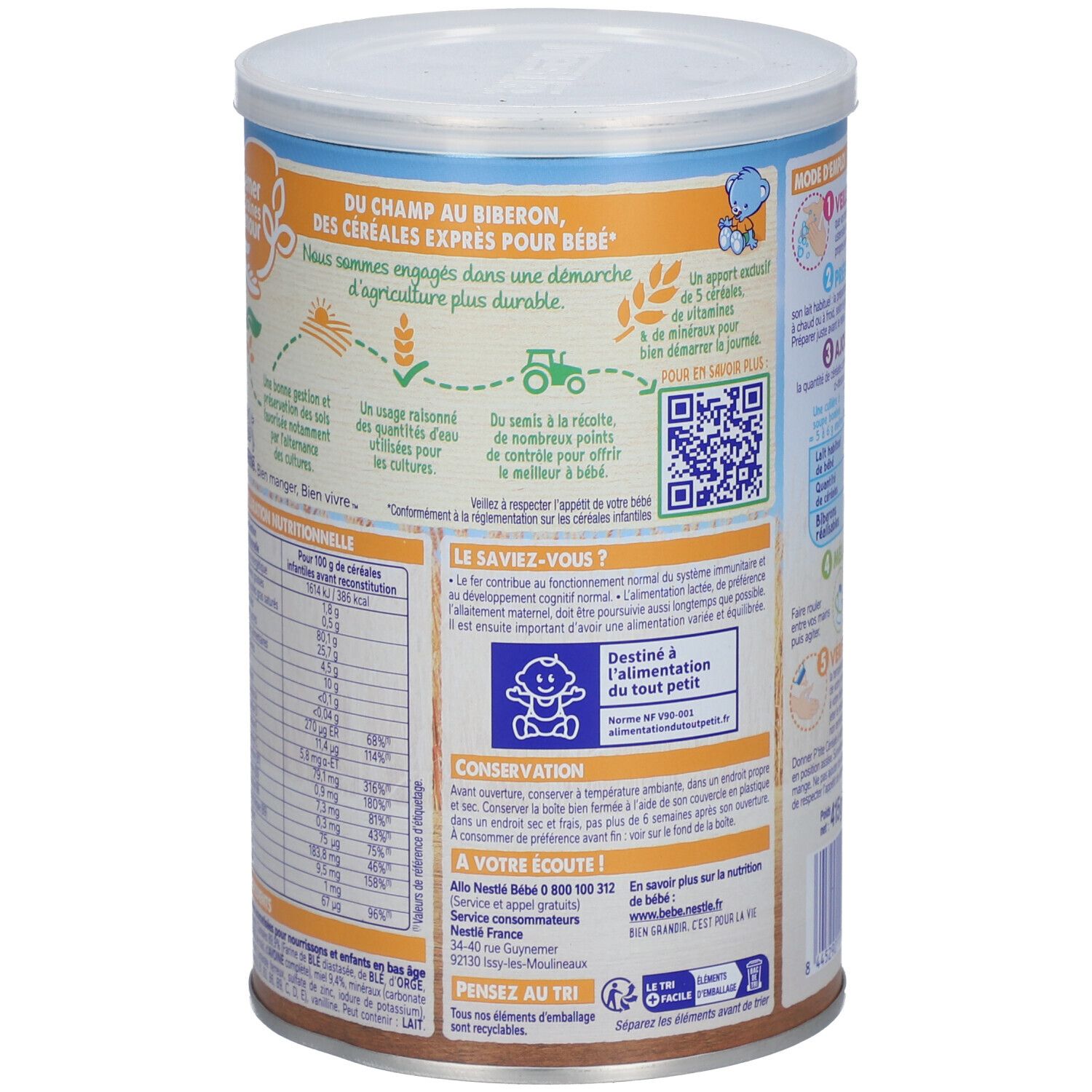 Dos de la boîte Nestlé P'tite Céréale. Informations sur l'agriculture durable et valeurs nutritionnelles. Pour bébés.