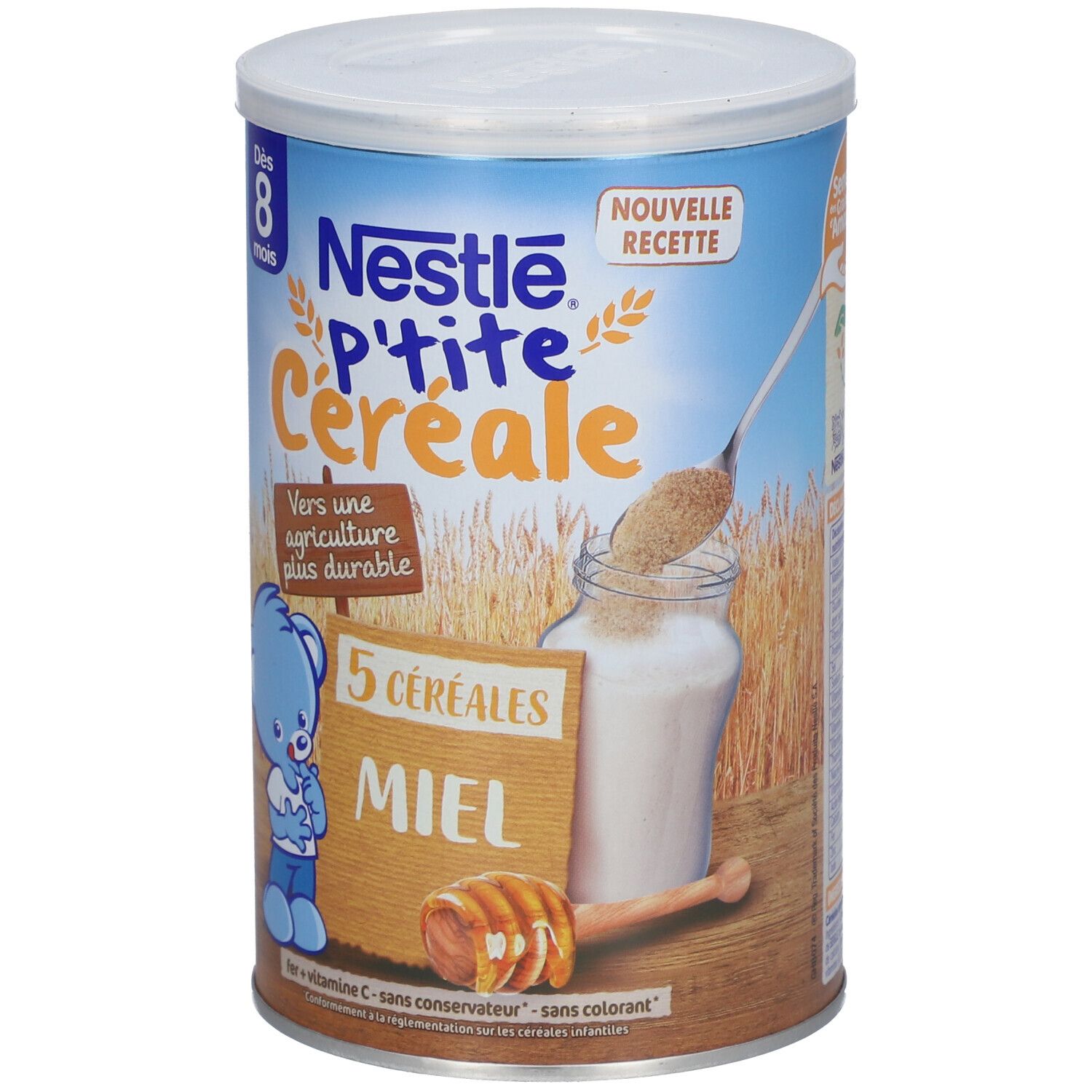 Boîte Nestlé P'tite Céréale 5 Céréales Miel. Boîte bleue avec nom du produit et ours. Dès 8 mois. Nouvelle recette.