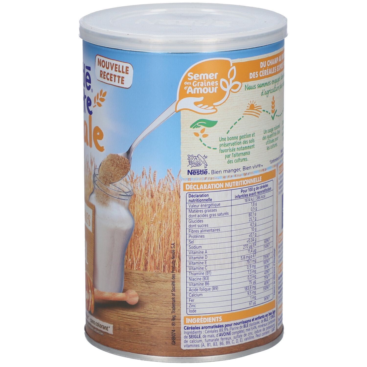 Dos de la boîte Nestlé P'tite Céréale. Informations nutritionnelles, agriculture durable. Pour bébés. Nouvelle recette.