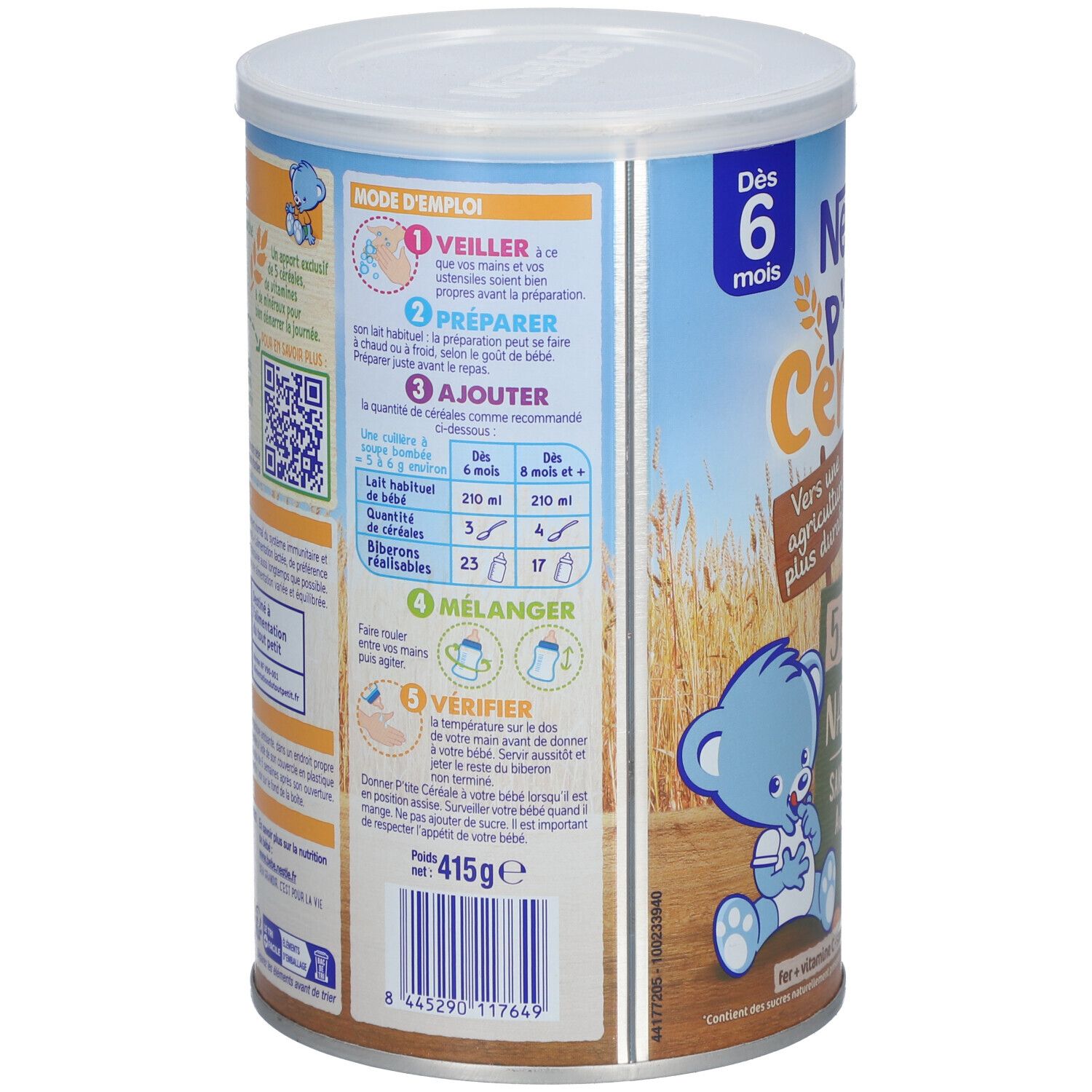 Dos de la boîte Nestlé P'tite Céréale. Mode d'emploi, informations nutritionnelles et QR code.