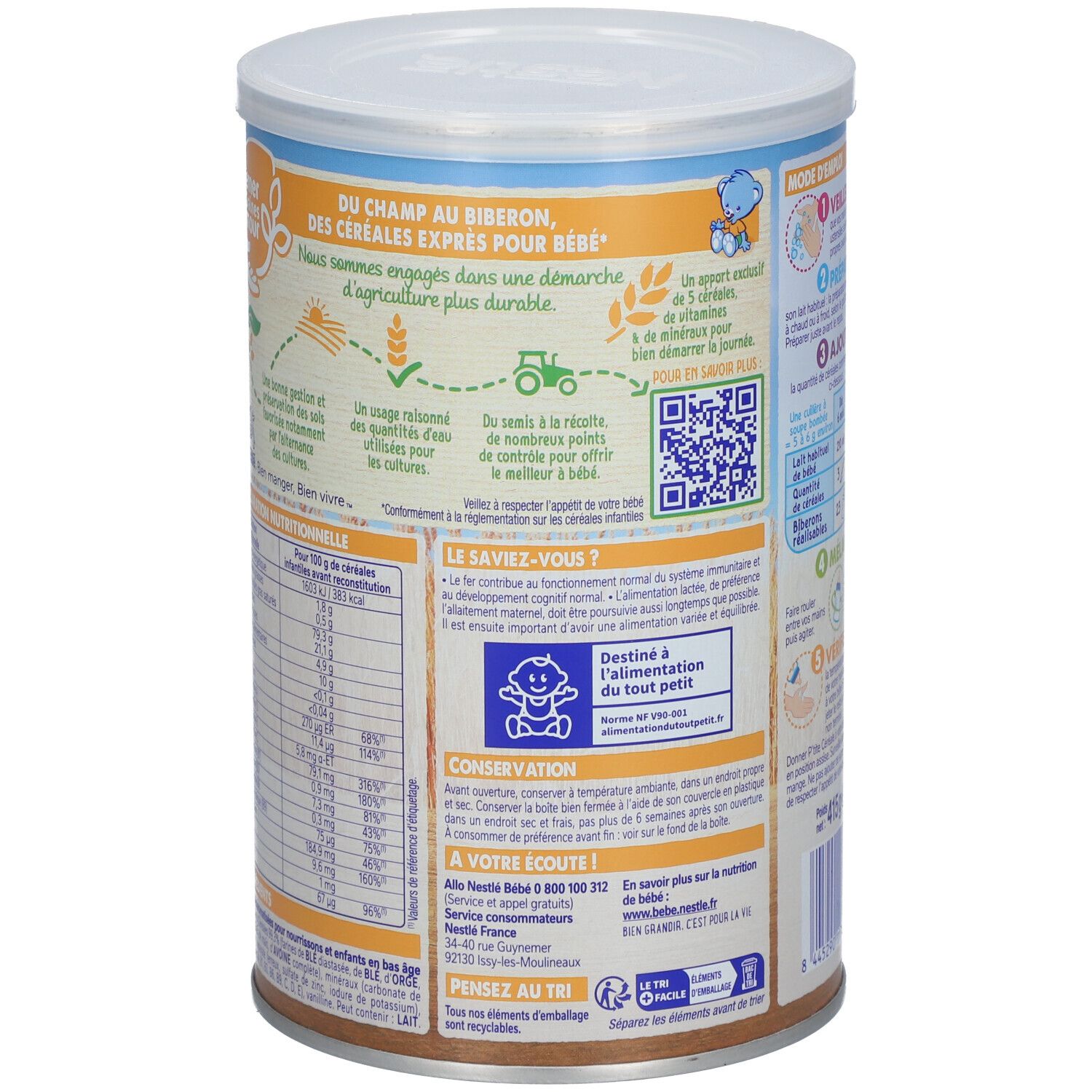 Dos de la boîte Nestlé P'tite Céréale. Informations sur les ingrédients et la conservation.
