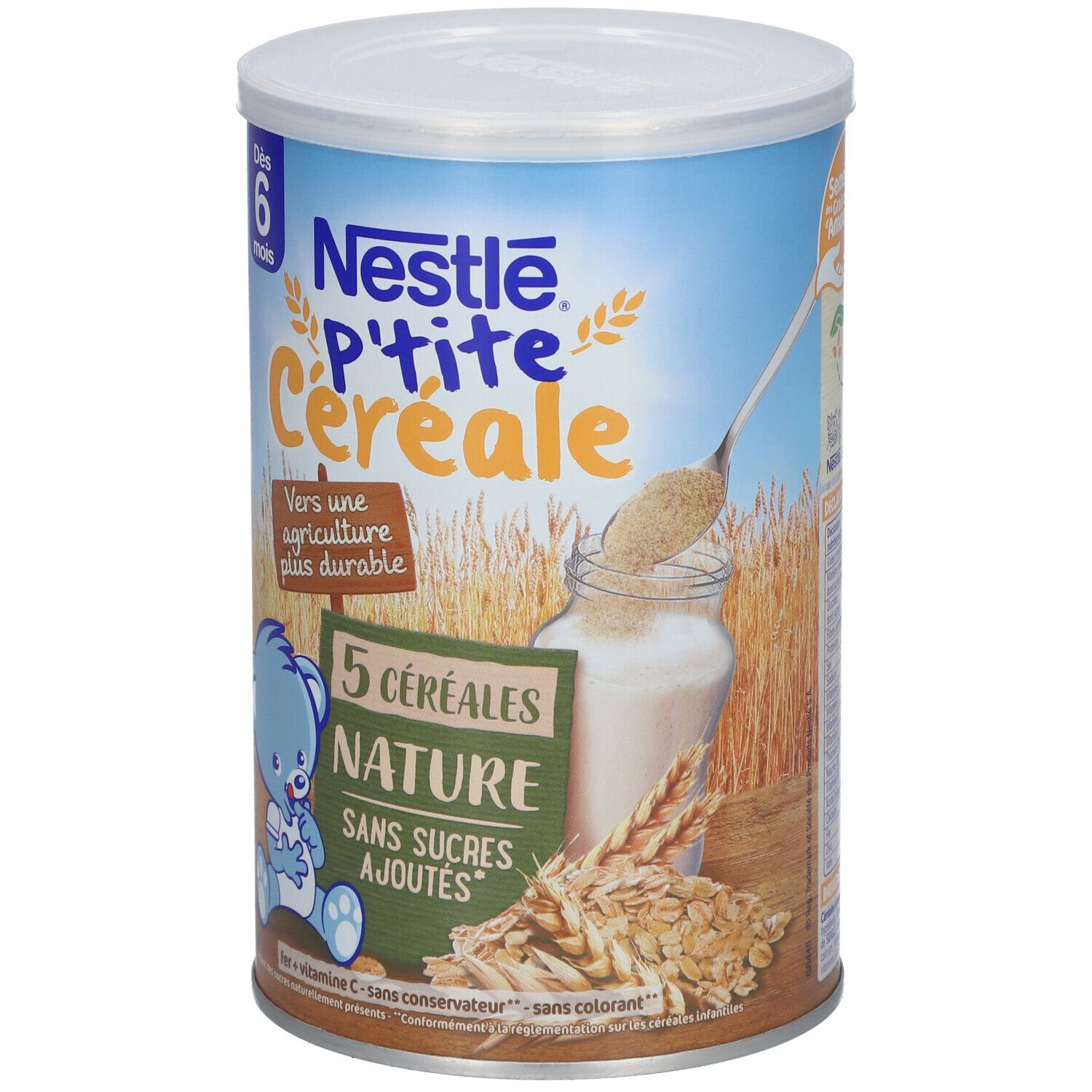 Boîte cylindrique Nestlé P'tite Céréale. Inscription: 5 Céréales Nature, sans sucres ajoutés. Dès 6 mois.