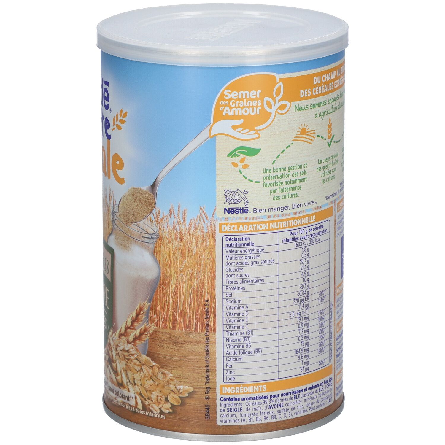 Boîte Nestlé P'tite Céréale. Informations nutritionnelles et informations de préparation.