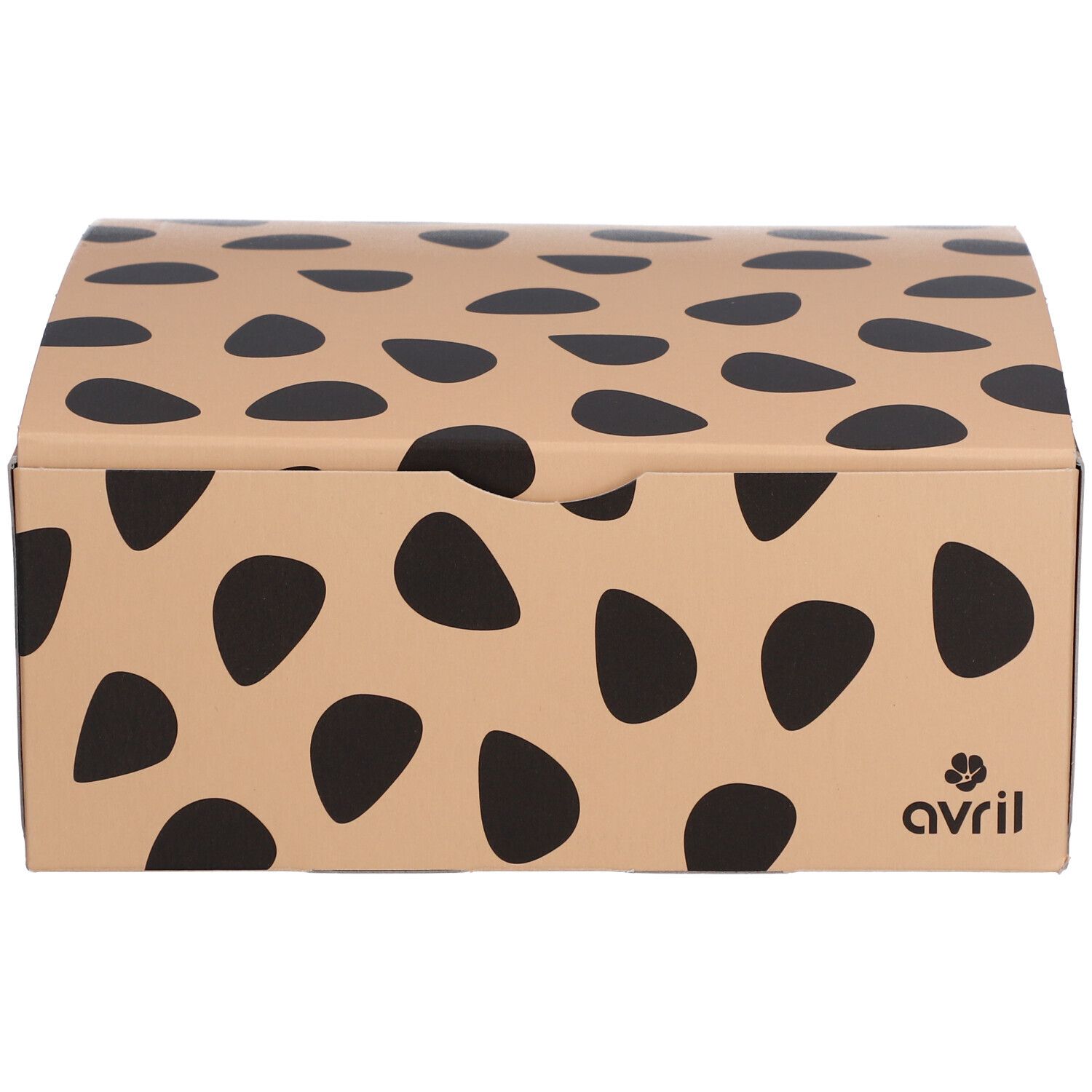 Gesloten geschenkdoos met zwart vlekkenpatroon op beige achtergrond. Merk zichtbaar.