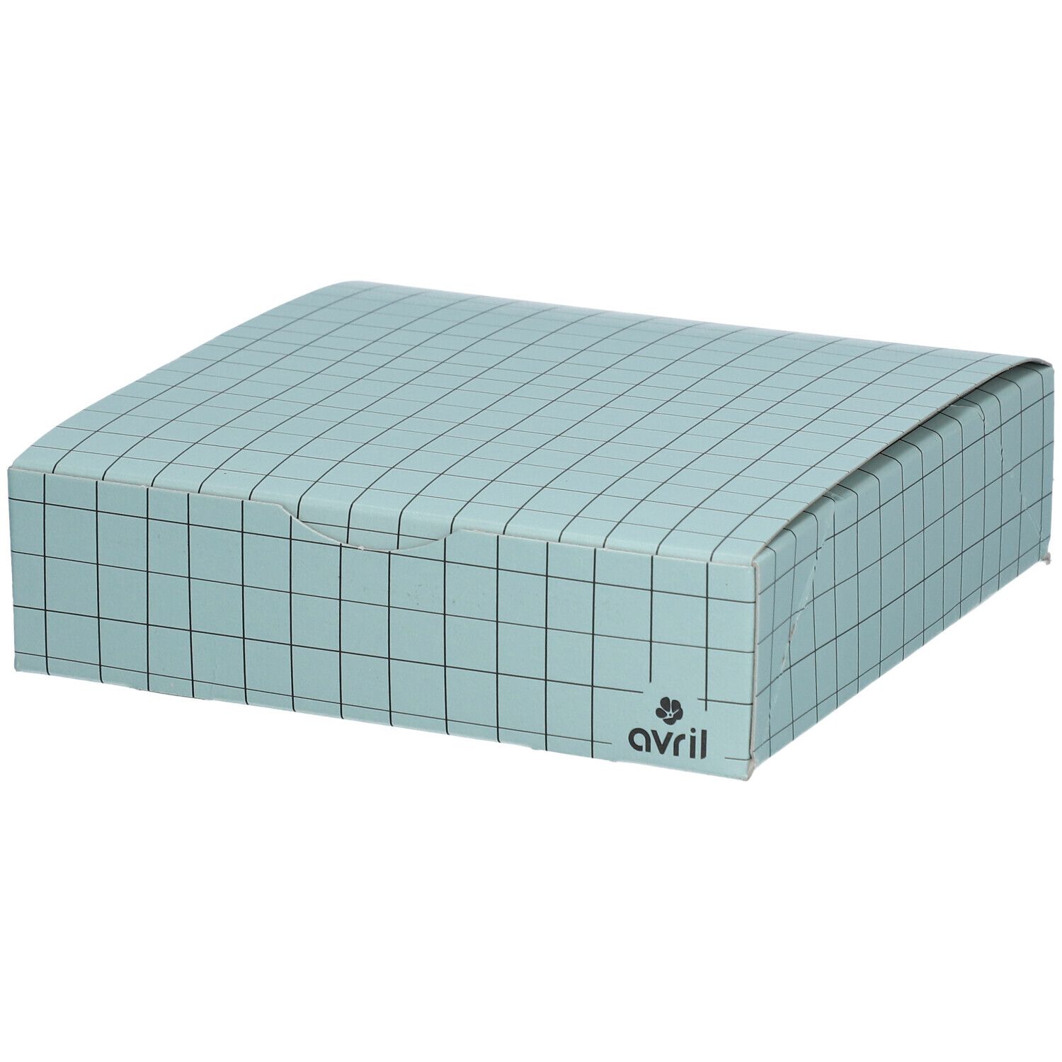 Coffret cadeau bleu clair à carreaux avec couvercle. Logo avril.