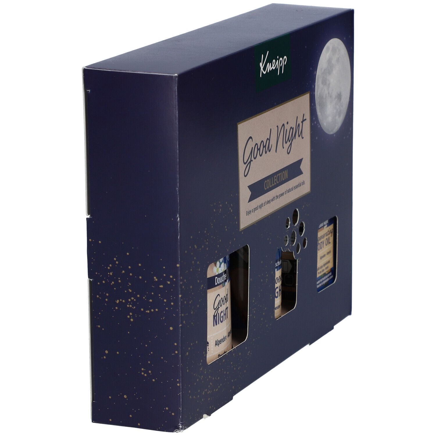 Kneipp Good Night geschenkverpakking, donkerblauw, zijaanzicht. Bevat producten. Maan- en sterrenmotief. Merk Kneipp, opschrift Good Night.