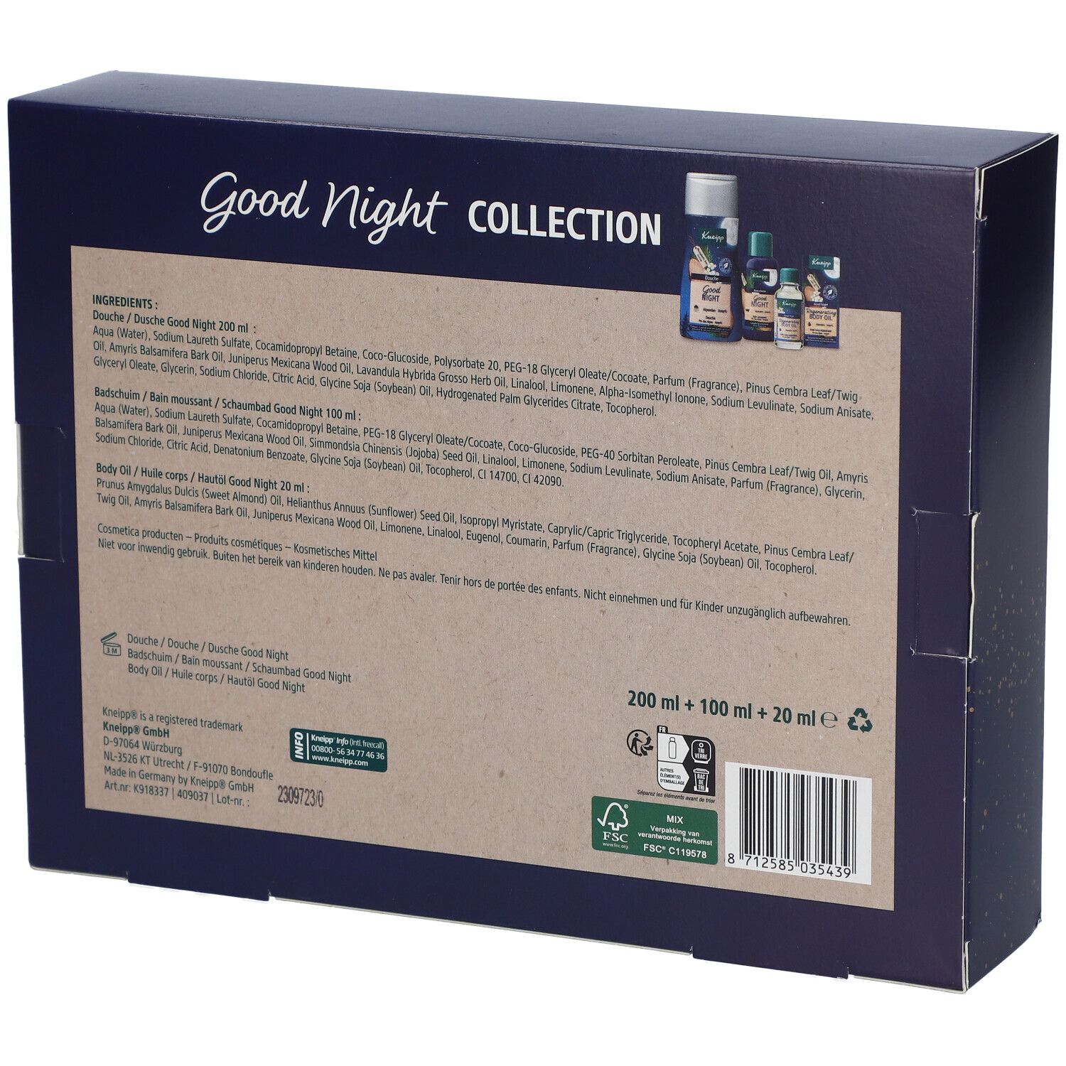 Achterkant van de Kneipp Good Night geschenkverpakking. Bevat ingrediënten en informatie. FSC-certificering. Productnamen: Good Night, 200ml + 100ml + 20ml.
