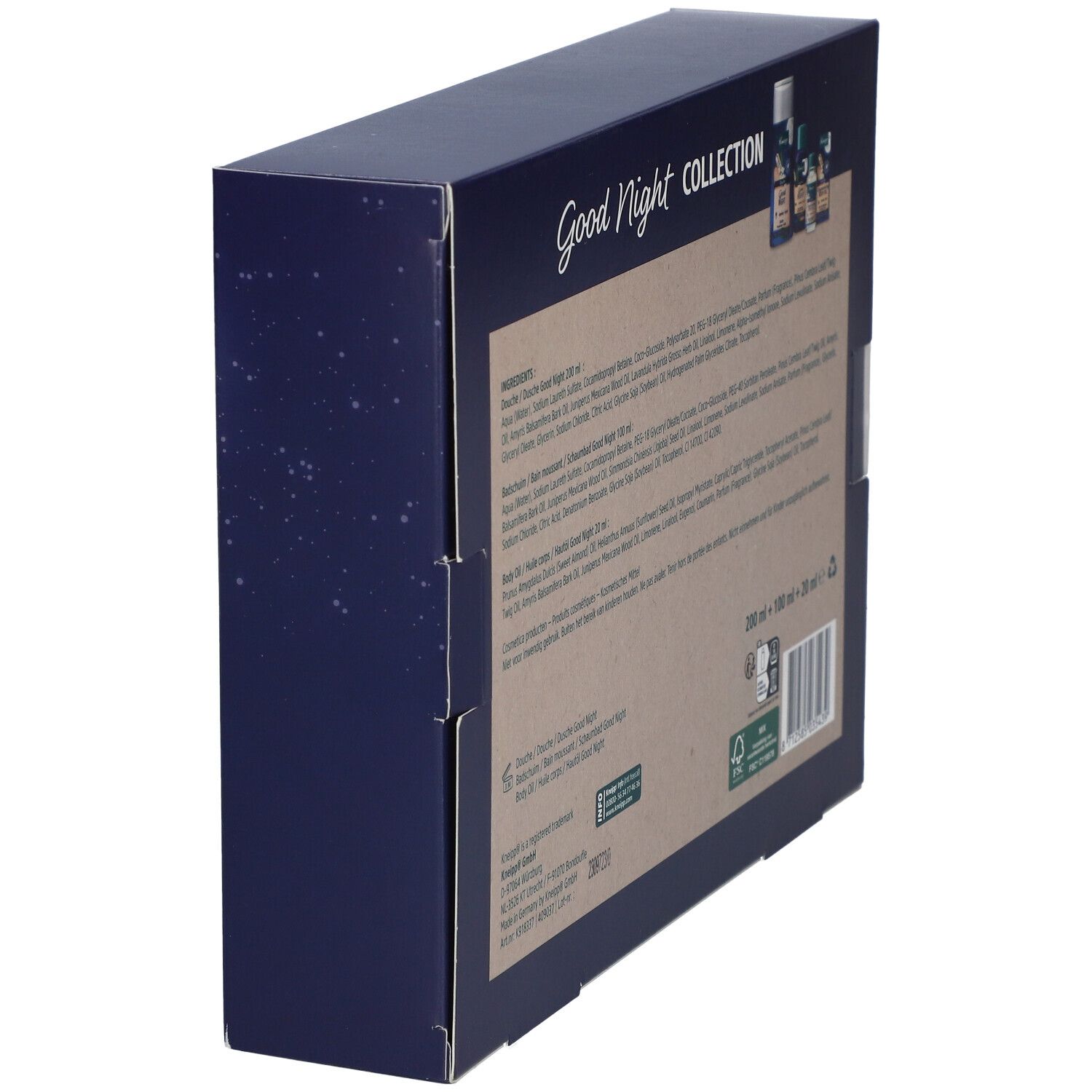 Zijaanzicht van de Kneipp Good Night geschenkverpakking. Bevat ingrediënten en informatie. FSC-certificering. Productnamen: Good Night, 200ml + 100ml + 20ml.