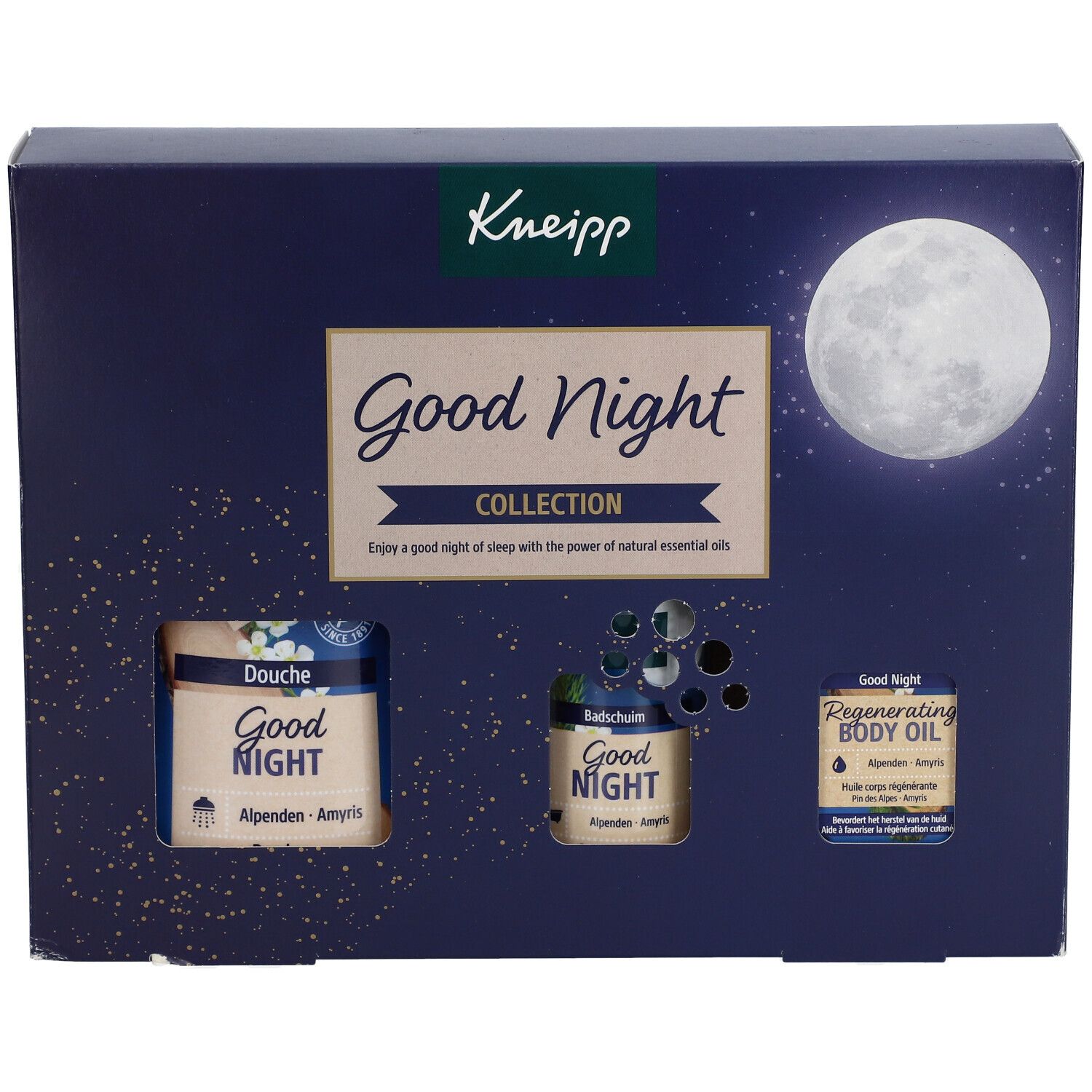 Kneipp Good Night geschenkverpakking. Bevat douchegel, badzout en body oil. Donkerblauw met maan- en sterrenmotief. Merk Kneipp, opschrift Good Night.