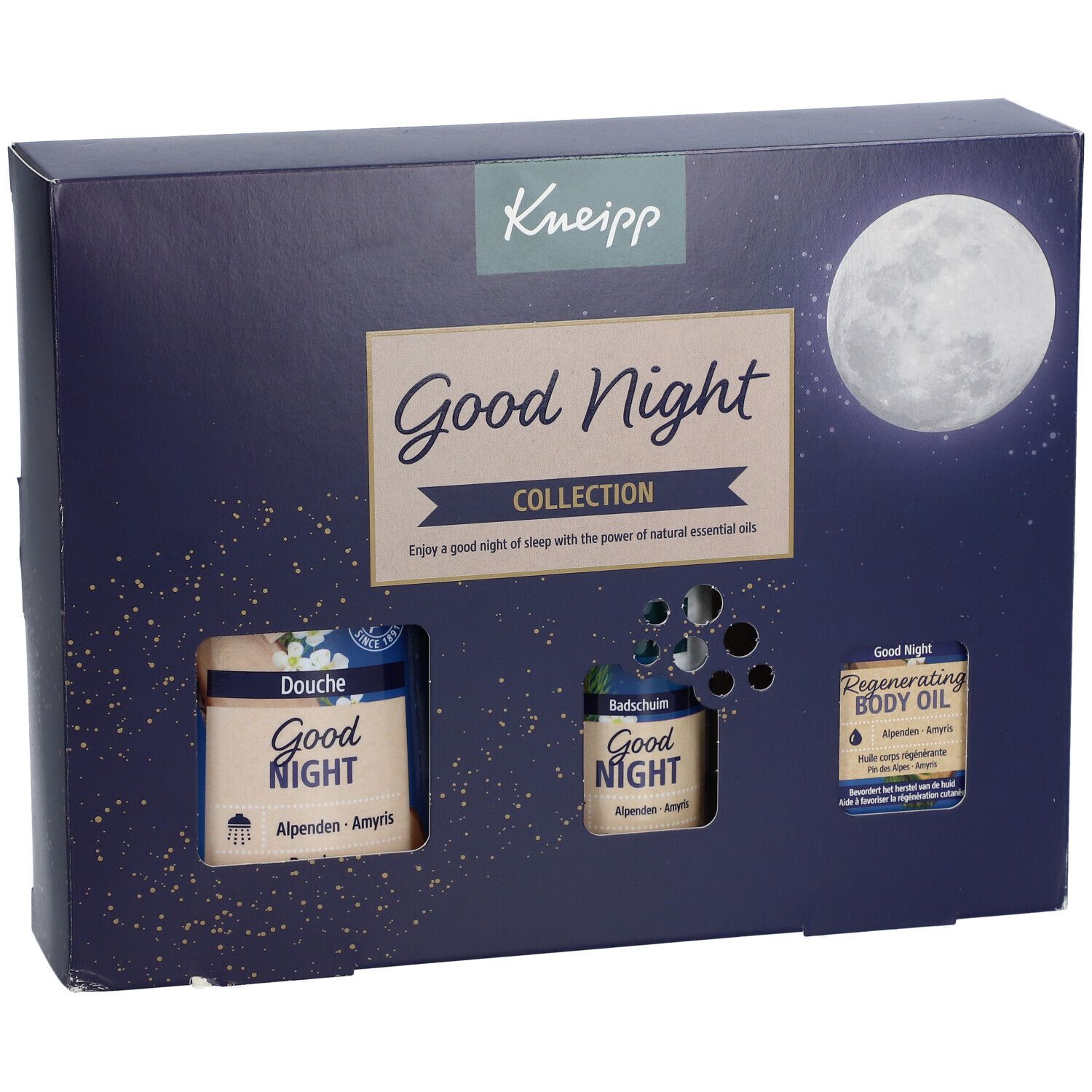 Kneipp Good Night geschenkverpakking. Bevat douchegel, badzout en body oil. Donkerblauw met maan- en sterrenmotief. Merk Kneipp, opschrift Good Night.