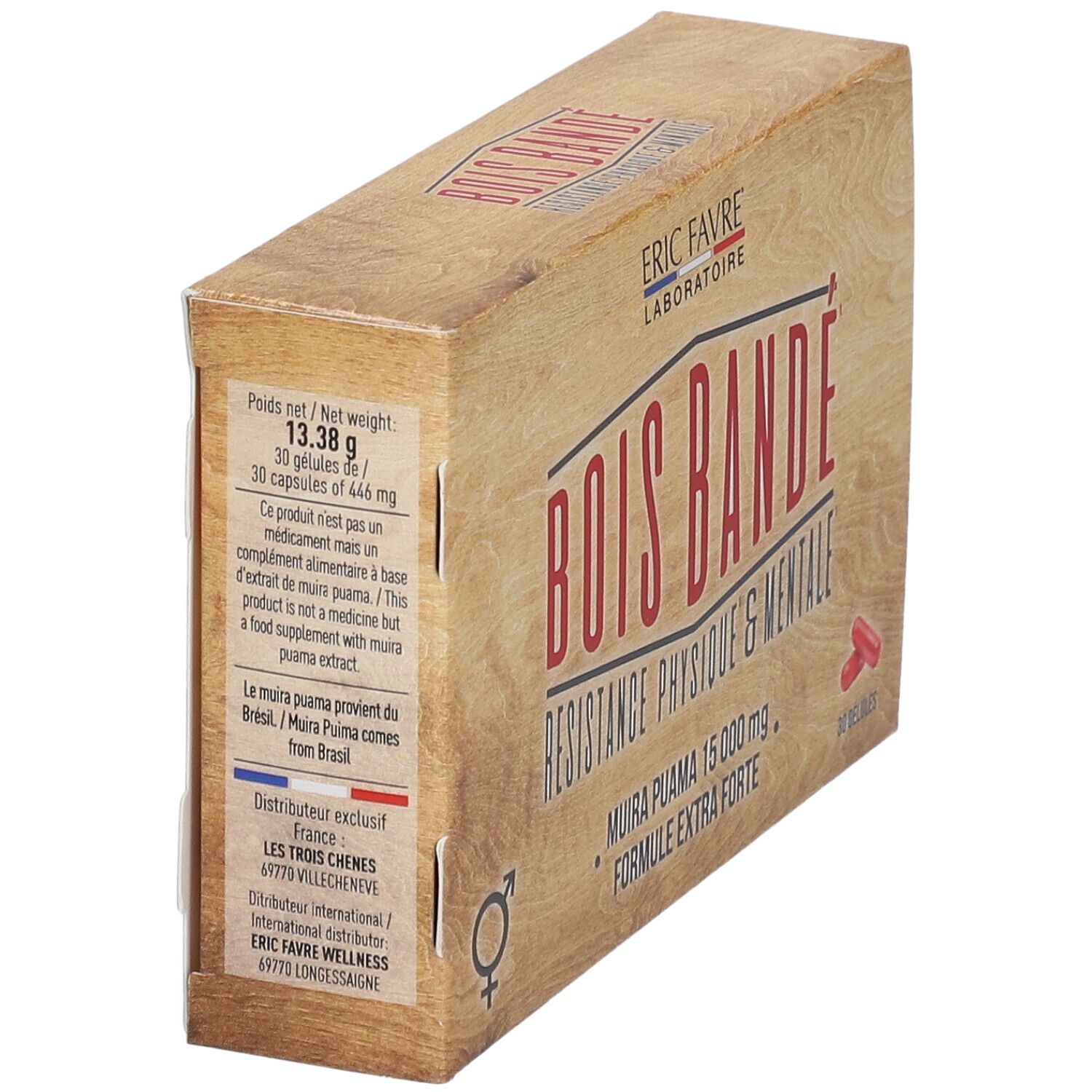 Beige Schachtel mit roter Aufschrift "BOIS BANDE". Enthält 30 Kapseln. Marke: ERIC FAVRE. Details auf der Seite.