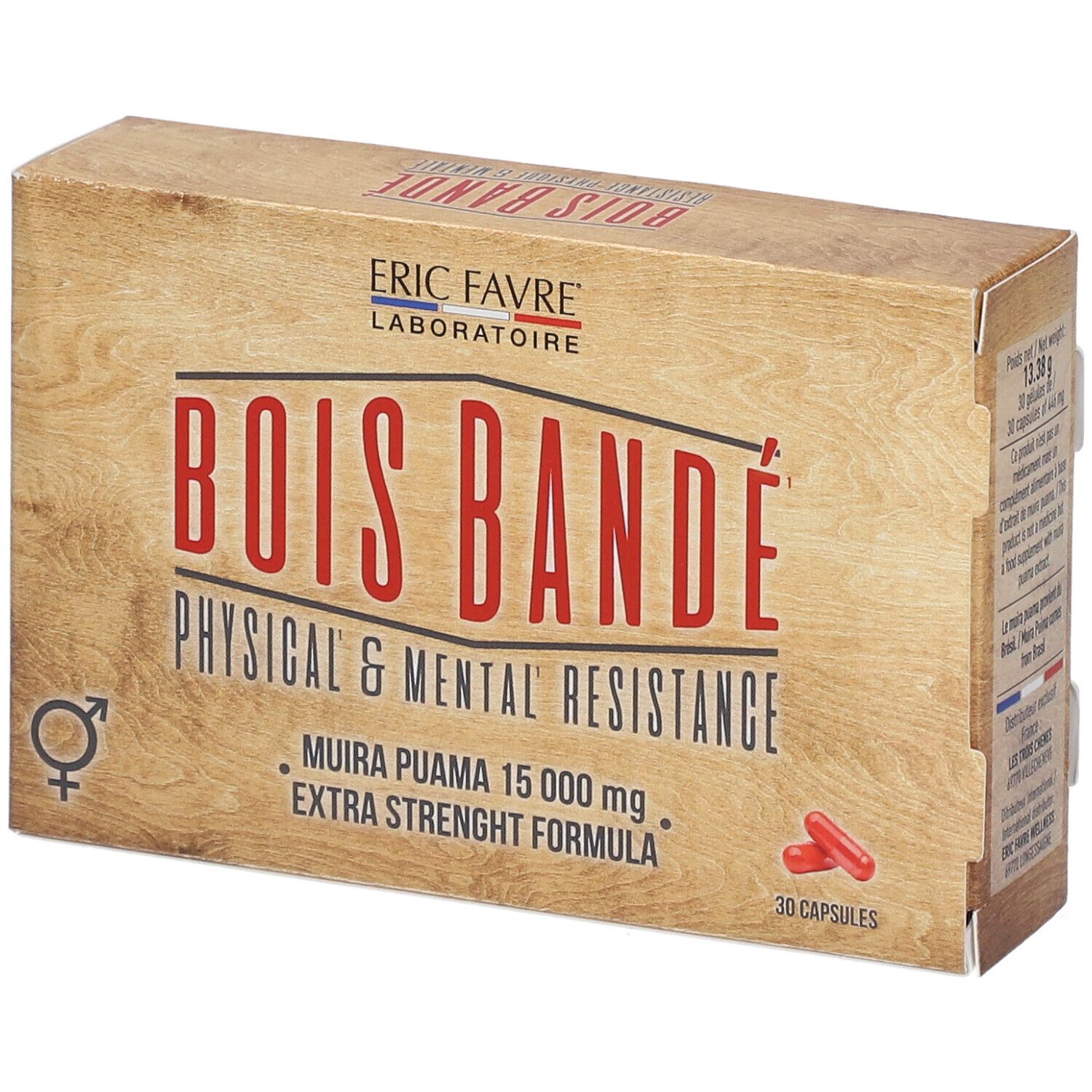 Holzfarbene Schachtel mit roter Aufschrift "BOIS BANDE". Enthält 30 Kapseln. Marke: ERIC FAVRE.