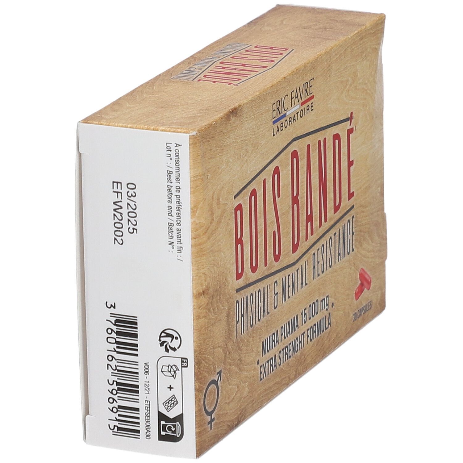 Beige Schachtel mit roter Aufschrift "BOIS BANDE". Enthält 30 Kapseln. Marke: ERIC FAVRE. Details auf der Seite.