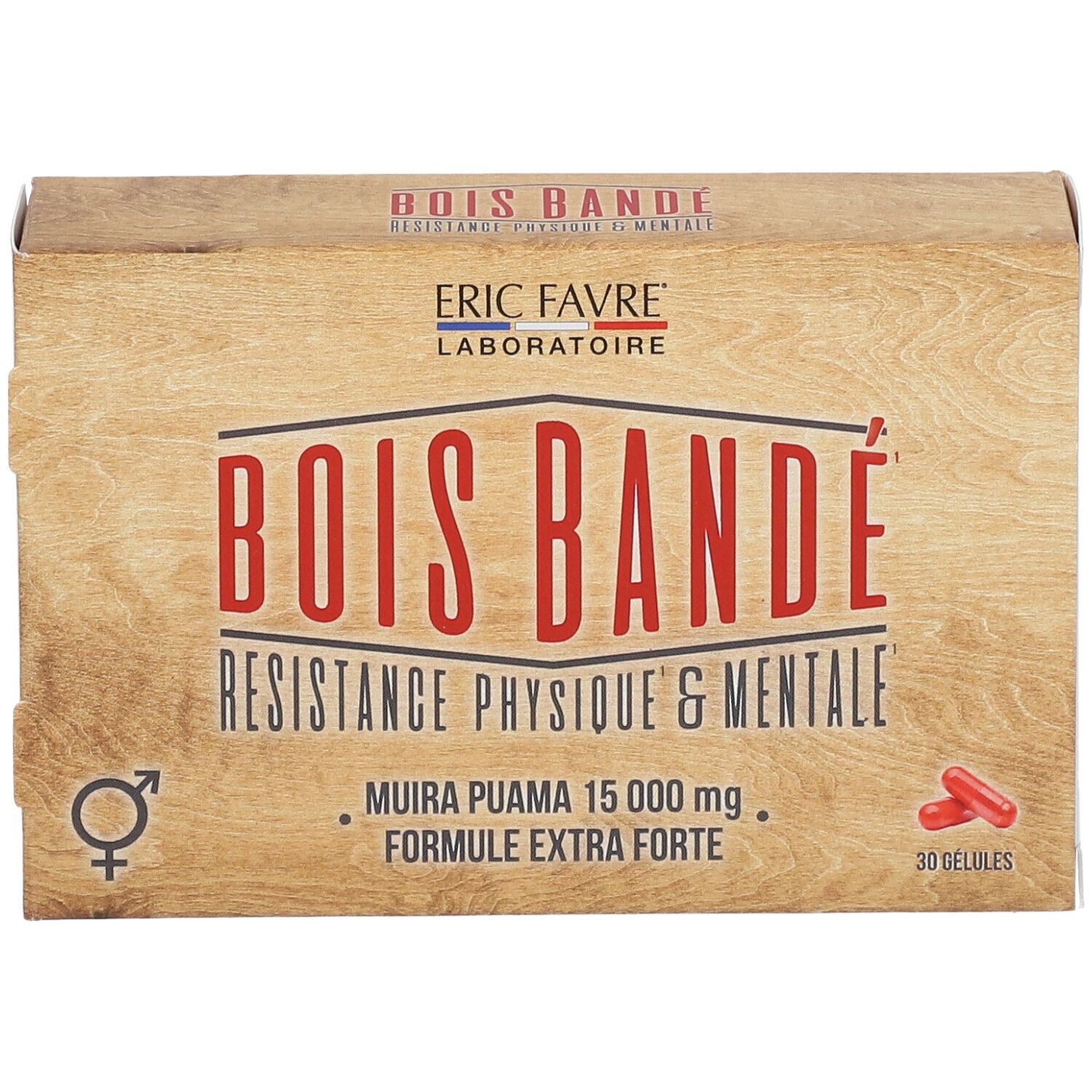 Holzfarbene Schachtel mit roter Aufschrift "BOIS BANDE". Enthält 30 Kapseln. Marke: ERIC FAVRE.