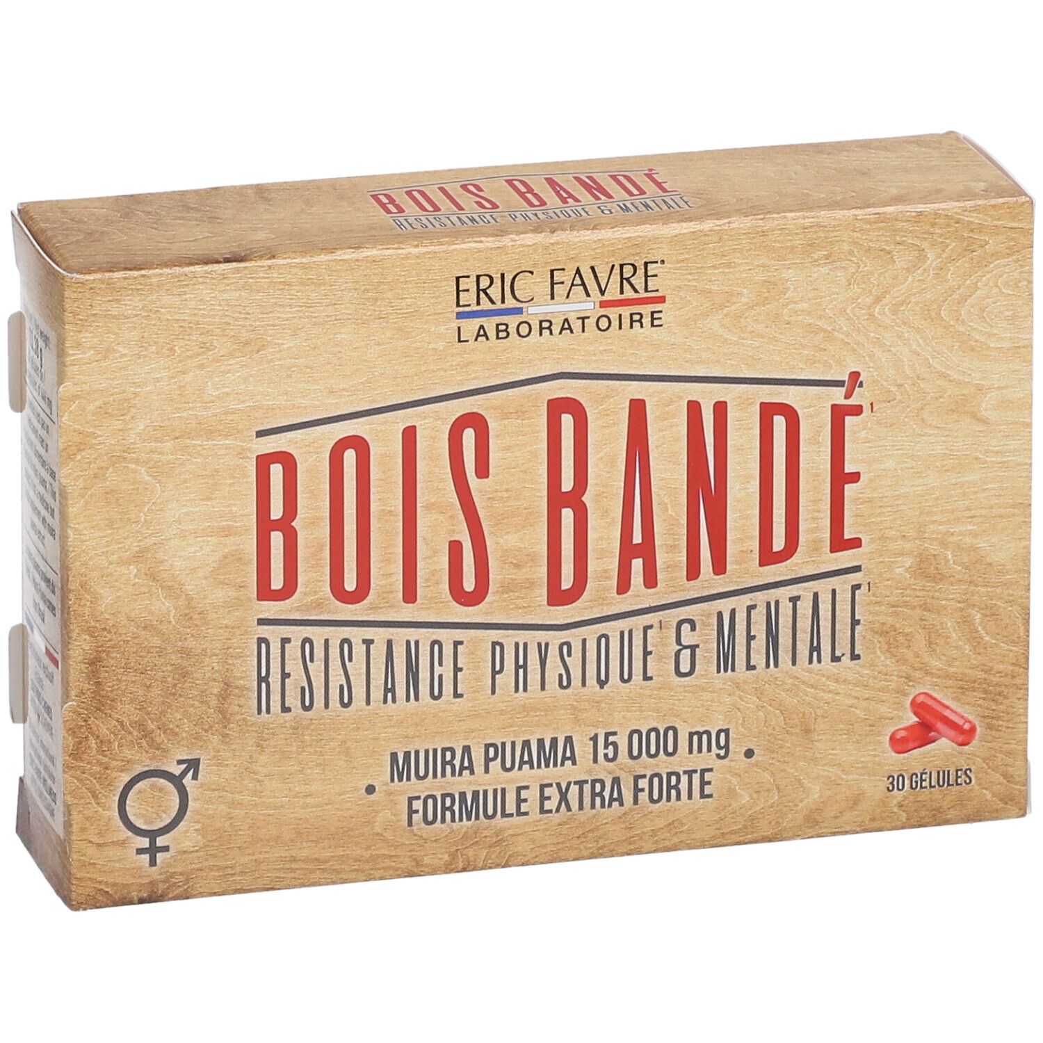 Holzfarbene Schachtel mit roter Aufschrift "BOIS BANDE". Enthält 30 Kapseln. Marke: ERIC FAVRE.