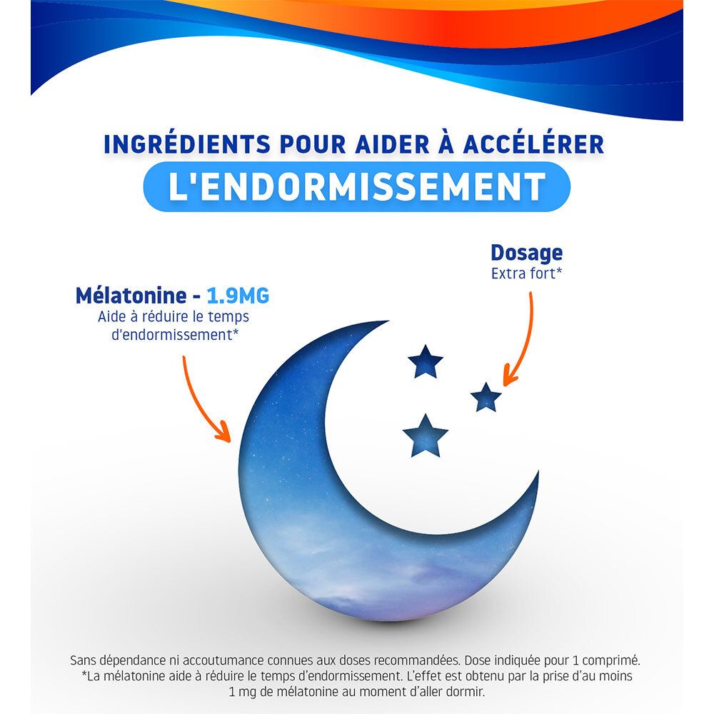 Graphique avec lune et étoiles. Texte : Mélatonine 1,9 mg. Aide à réduire le temps d'endormissement.