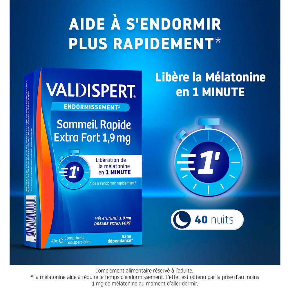 Emballage du produit avec texte : Aide à s'endormir plus rapidement. Contient 40 comprimés. Sans dépendance.