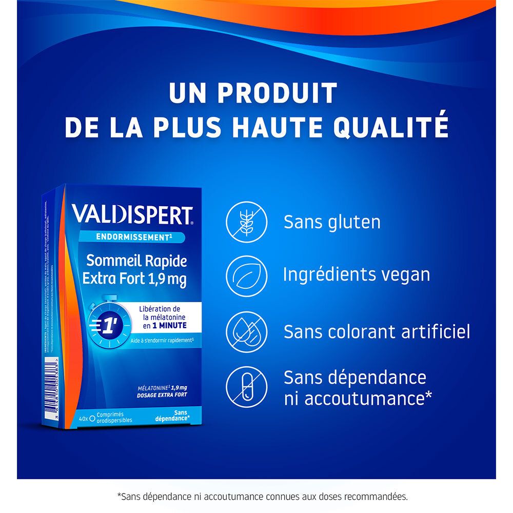Produit avec texte : Sans gluten, ingrédients vegan, sans colorant artificiel, sans dépendance.